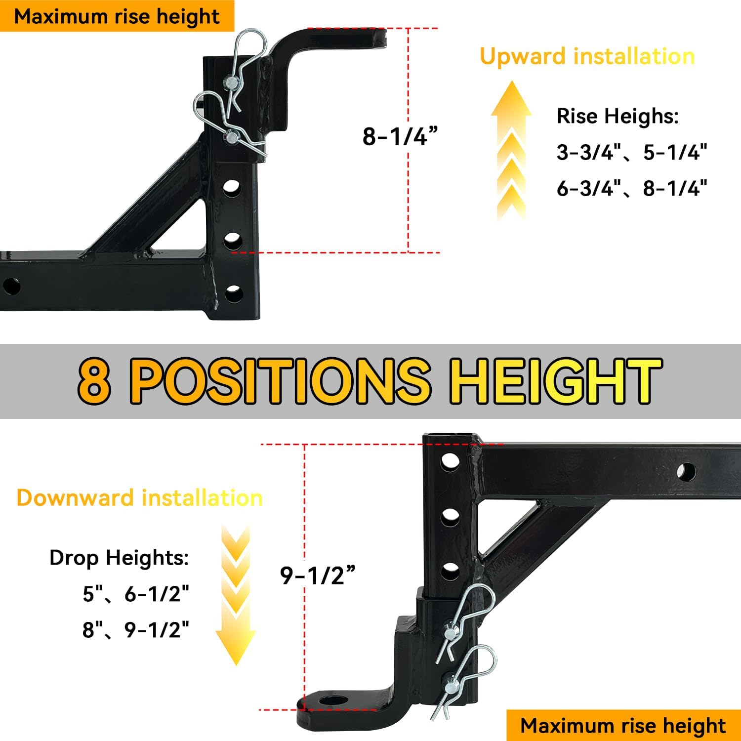 8-Position Adjustable Trailer Hitch Ball Mount, Fits 2-Inch Receiver, 1-Inch Hole, 5000lbs, 9-1/2” Drop/ 8-1/4” Rise Hitch for Trailers Boats Pickups RV
