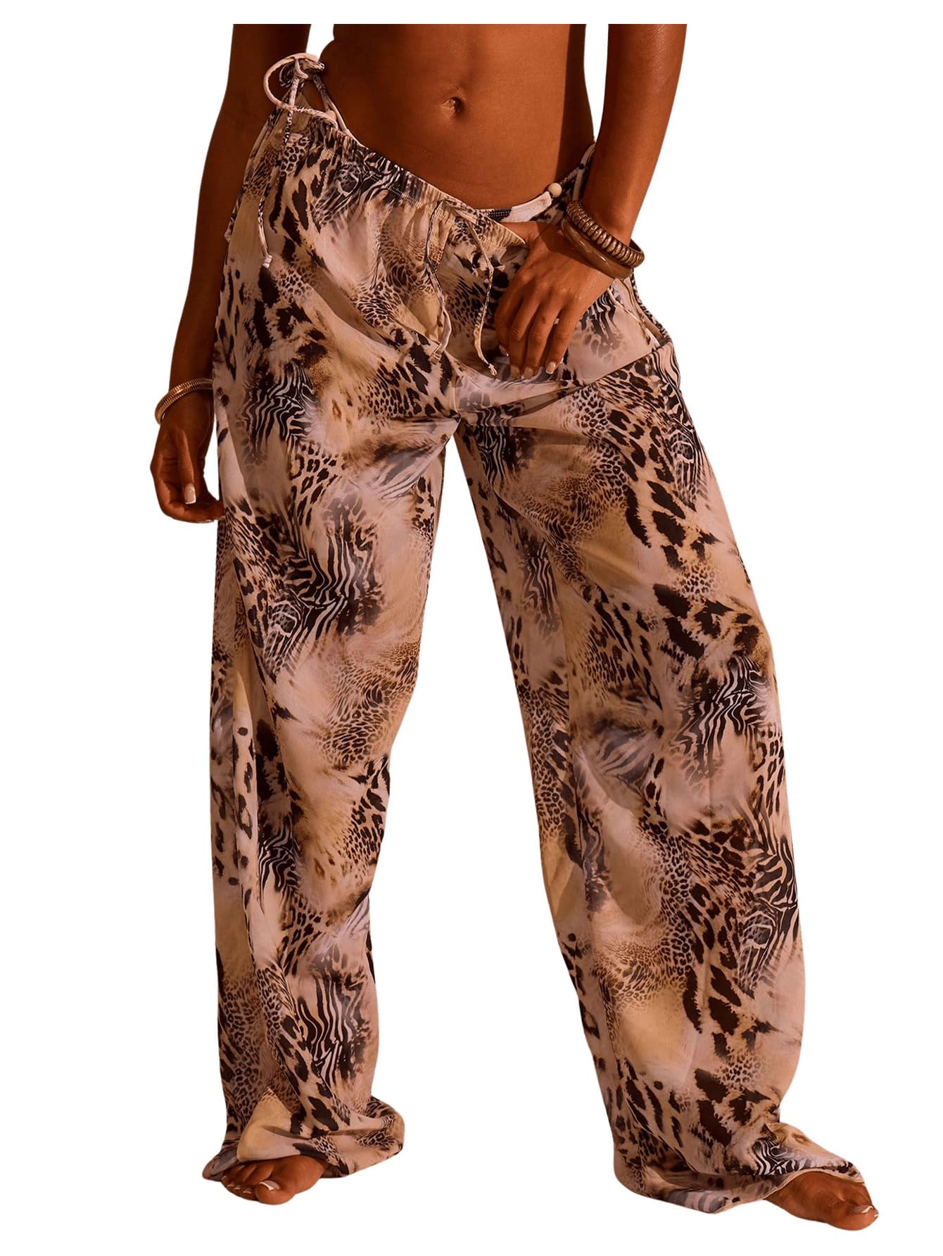 GORGLITTER Womens Leopard Cheetah Pants Wideleg Flare Baggy Drawstring Pants Streetwear