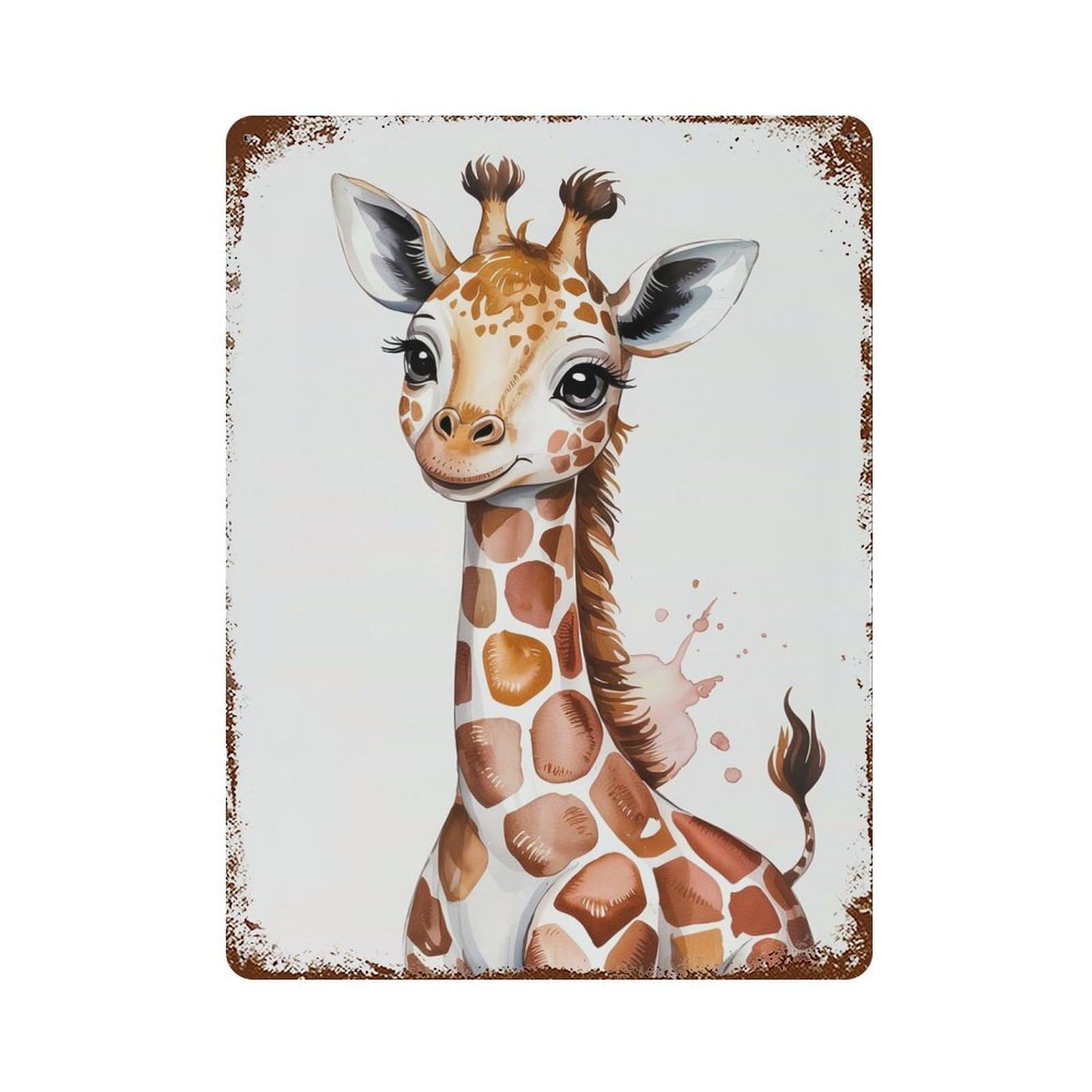 Distressed Metal Wall Sign Cute Giraffe Watercolor Illustration 15.7"x11.8", Decorative Metal Wall Art for Farmhouse, Kitchen And Entryway Decor