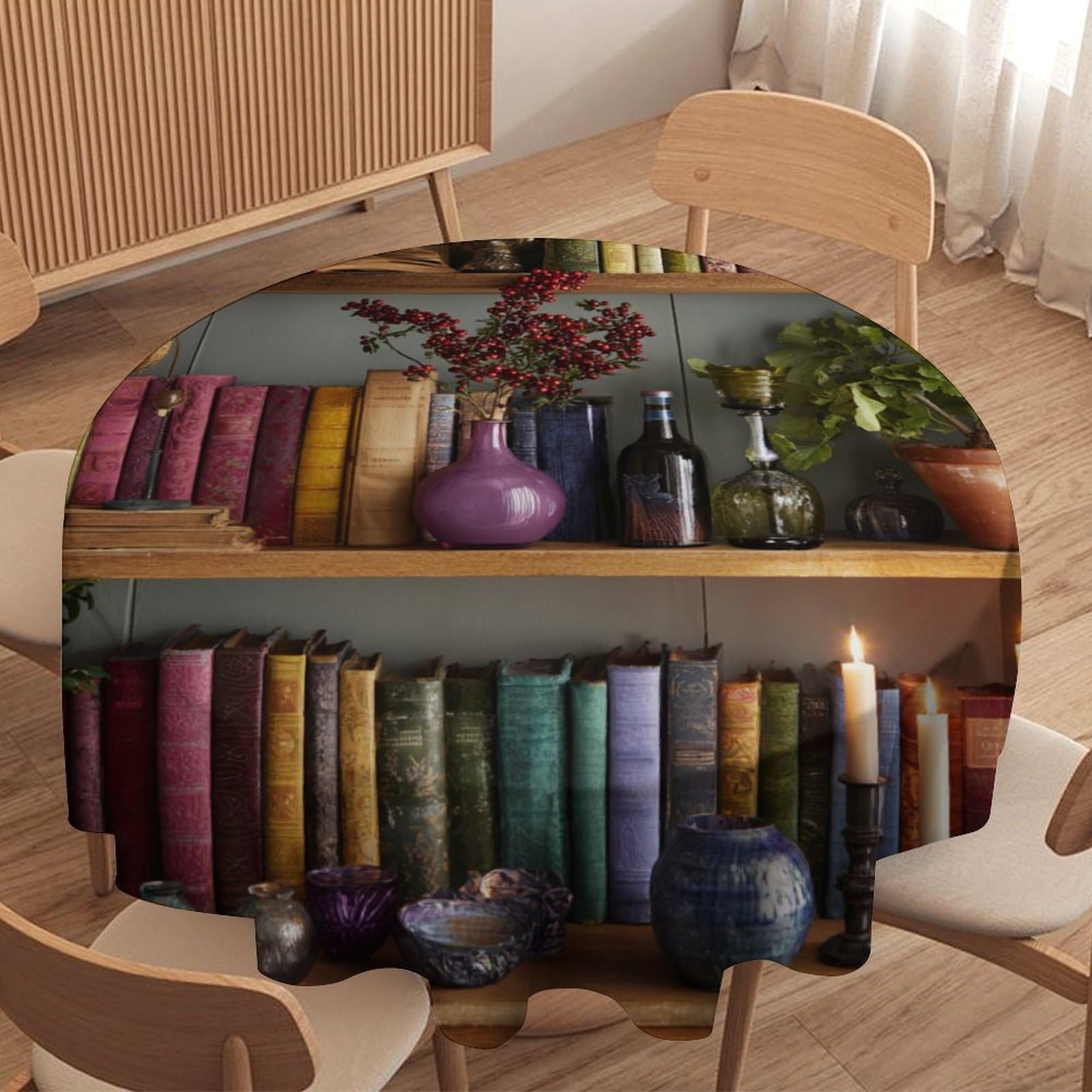 LUYYSKY Modern Minimalist Bookshelf Waterproof Round Tablecloth Classic Oil Painting Bookshelf Books Plants Print Washable Table Cover for Kitchen-177.8" Wx177.8 L cm