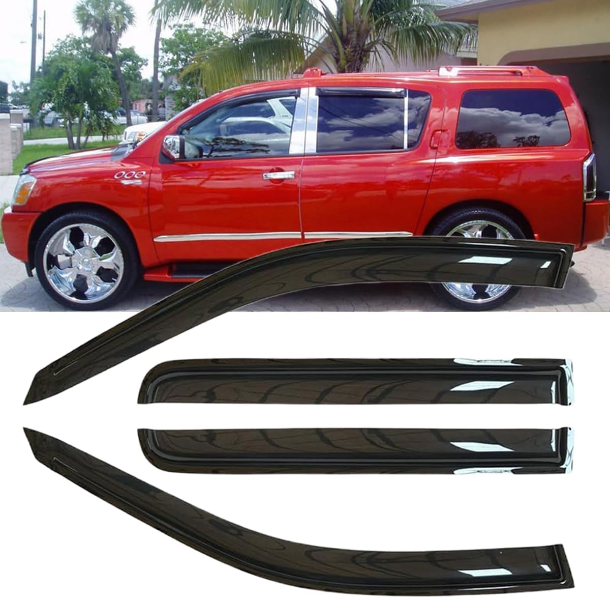 Original 4pcs Wind Deflector, Outside Mount Tape-On Waterproof Protective Rain Guards Set, Sunroof Side Window Visors Compatible with 2005-2015 Nissan Armada 94134 05-15 Armada