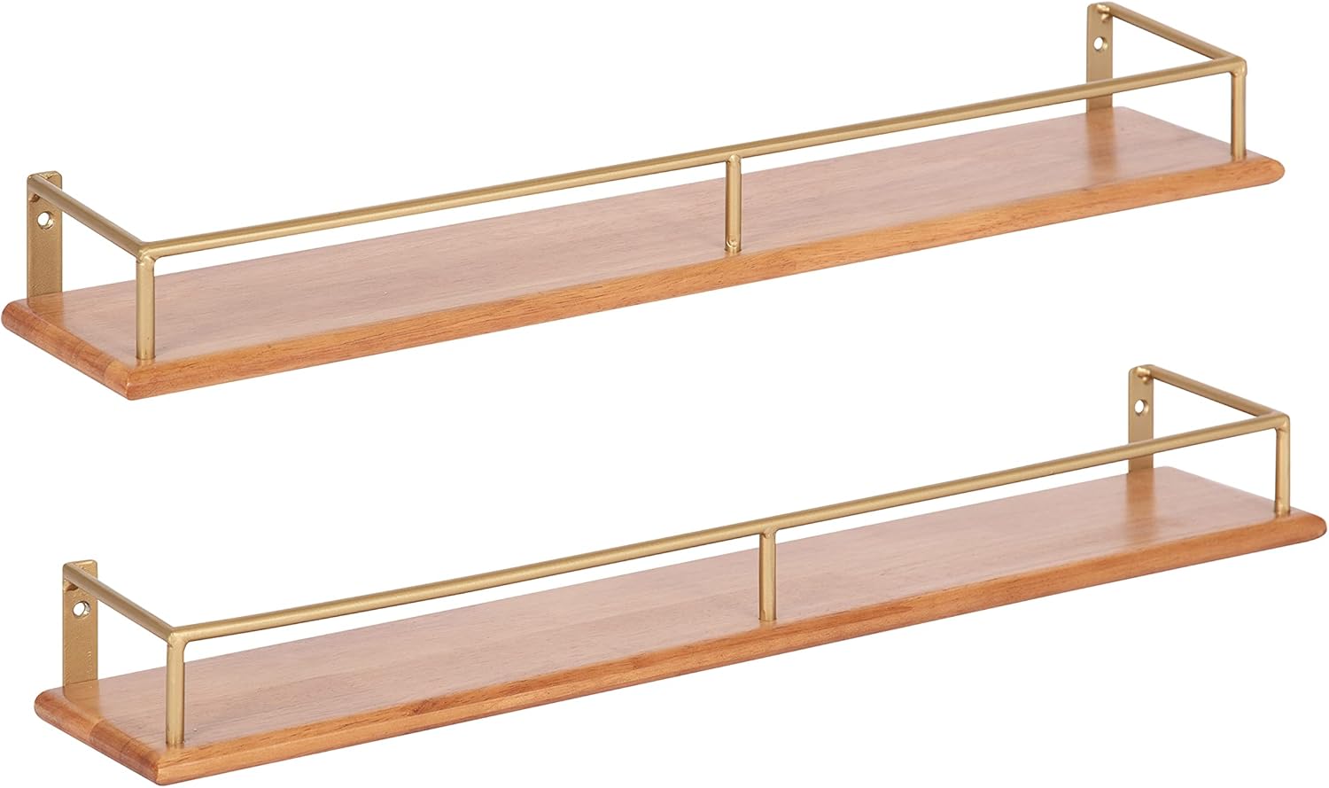 Kate and Laurel Camryn 2-Piece Wood and Metal Floating Wall Shelves, 4 x 24, Natural Wood and Gold, Simple Shelving Unit Set for Display or Storage