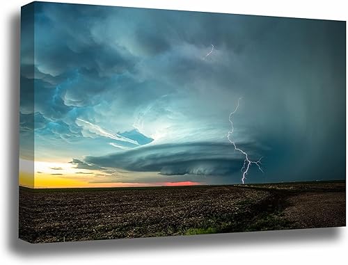 Storm Canvas Wall Art (Ready to Hang) Gallety Wrap of Supercell Thunderstorm and Lightning Bolt on Stormy Spring Evening in Kansas Weather