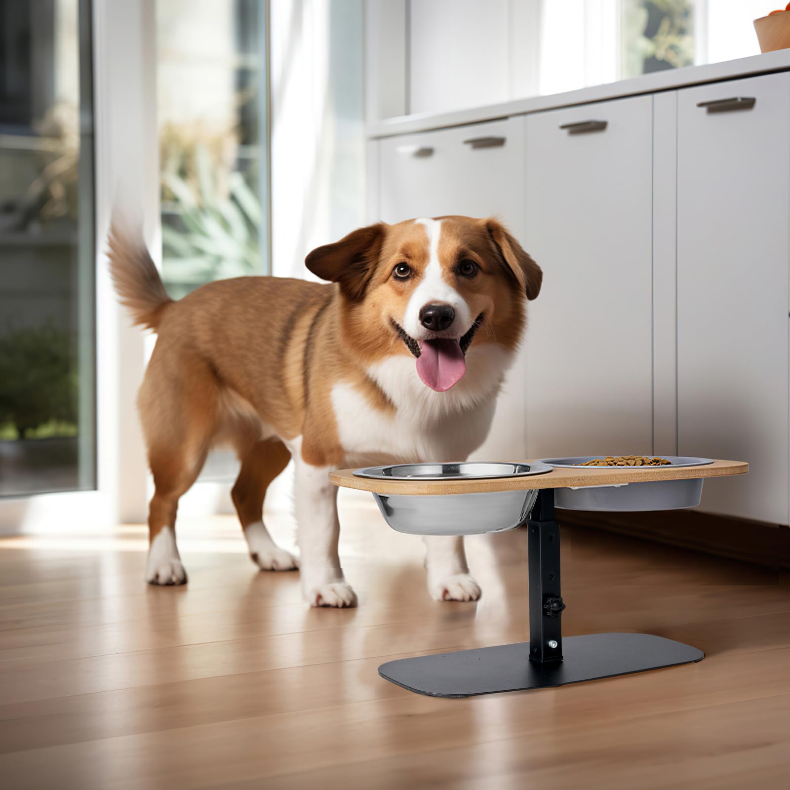 Veehoo Elevated Dog Bowls - Adjustable Raised Dog Bowl Stand with Slow Feeder and 2 Stainless Steel Dog Food Bowls, Wood Feeder with Metal Stand for Large Medium Small Dogs