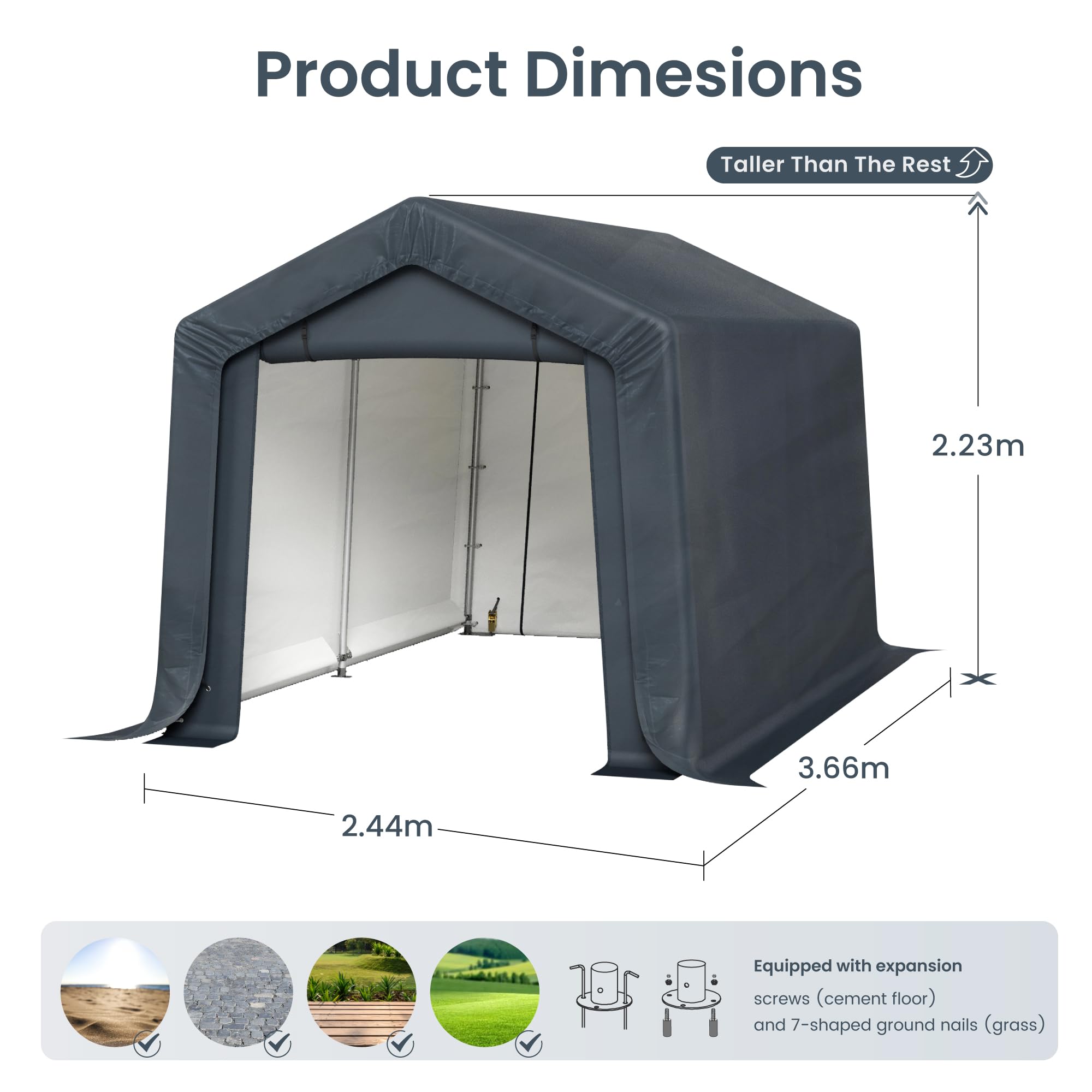 PHI VILLA Geräteschuppen Gartenhütte 240x370x220cm Grau Wetterschutz Shelter 2 Türen