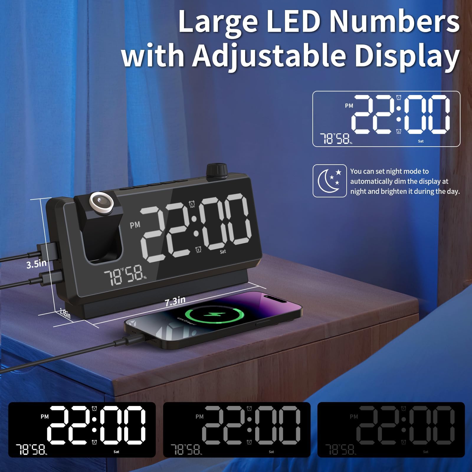 Reloj despertador de proyección para dormitorio, reloj digital de cara de espejo con proyector de 180° en la pared del techo, regulador de intensidad de 3 niveles, puertos de carga USB, alarma dual