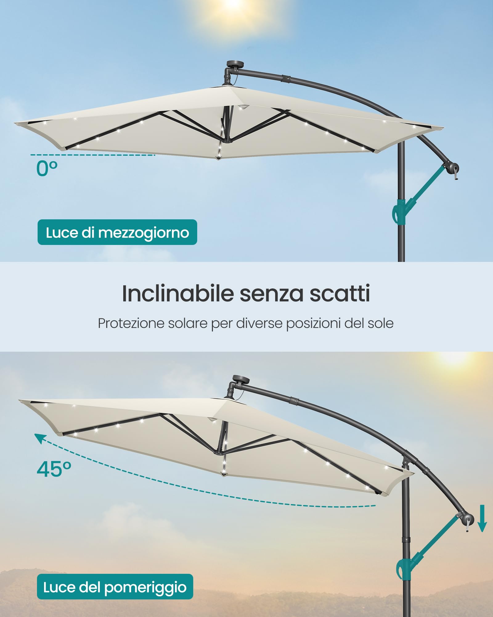 SONGMICS Ombrellone da Balcone con Illuminazione LED Solare, 32 Luci LED, con Base, Parasole UPF 50+, con Manovella, per Terrazza, Giardino