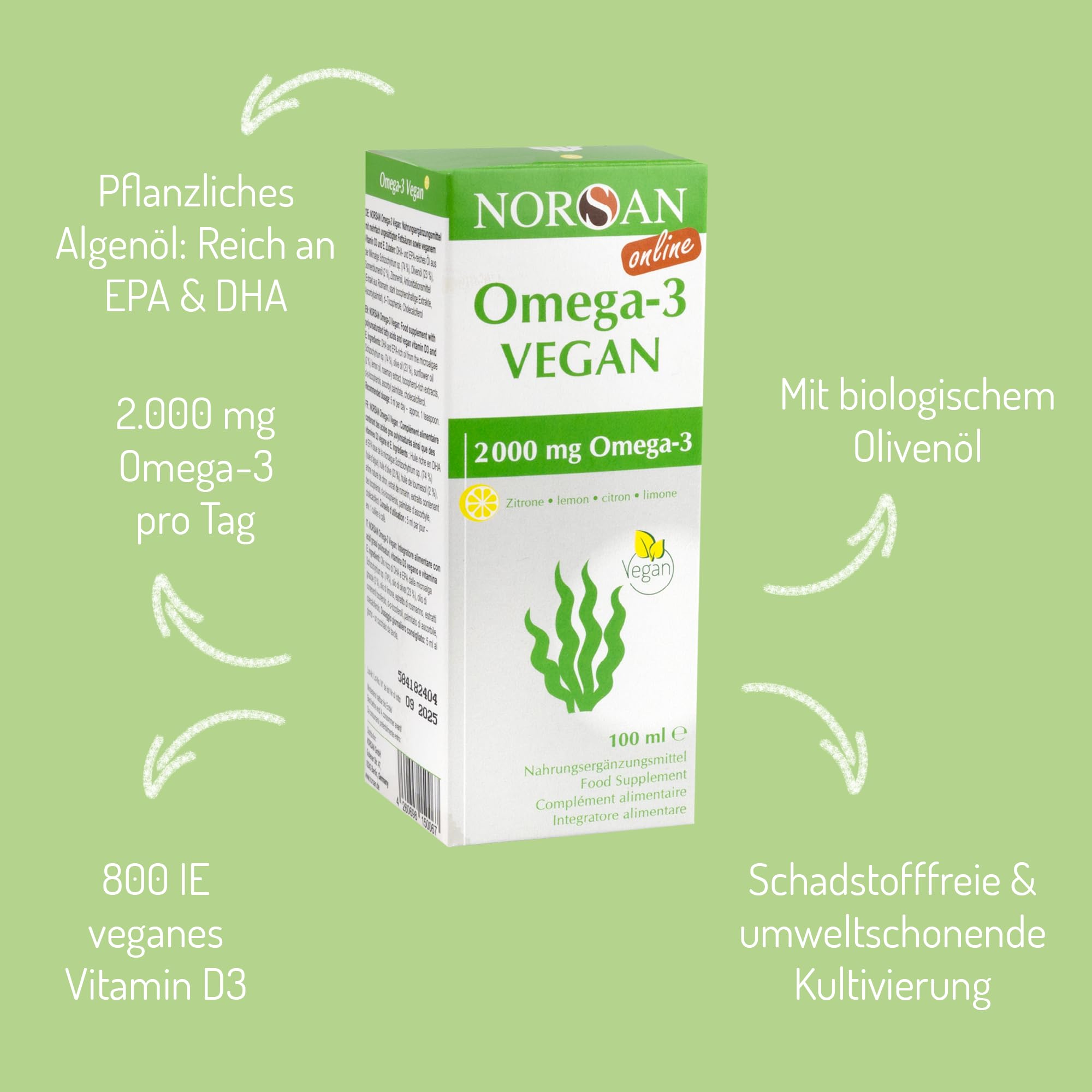 NORSAN Premium Omega-3 Vegan Öl hochdosiert 3 x 100ml - 2000 mg Omega-3 Tagesdosierung-Algenöl reich an EPA & DHA - 800 IE Vitamin D3
