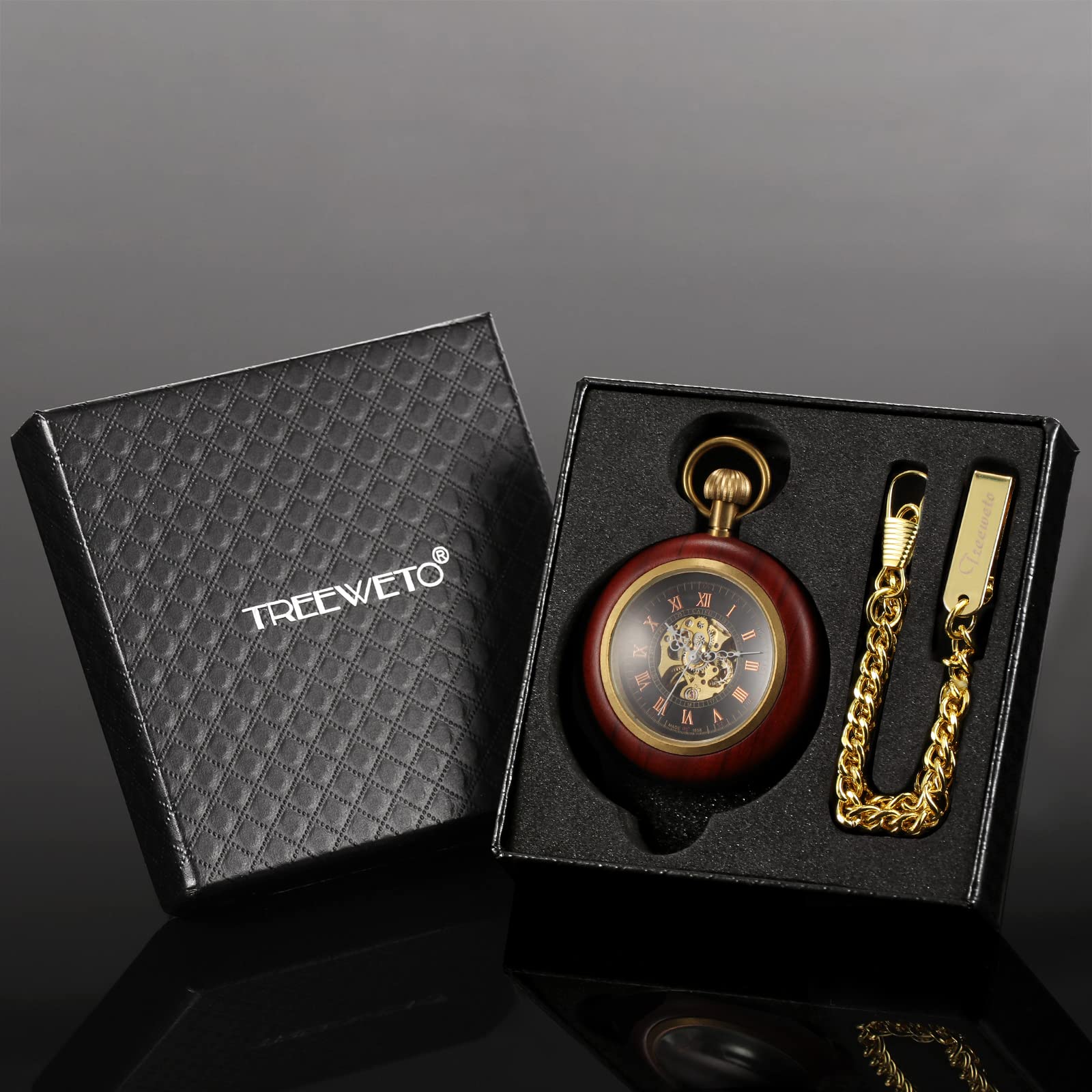 TREEWETO Montre de Poche mécanique en Bois à Chiffres Romains, Montre Gousset Ouverte pour Hommes et Femmes