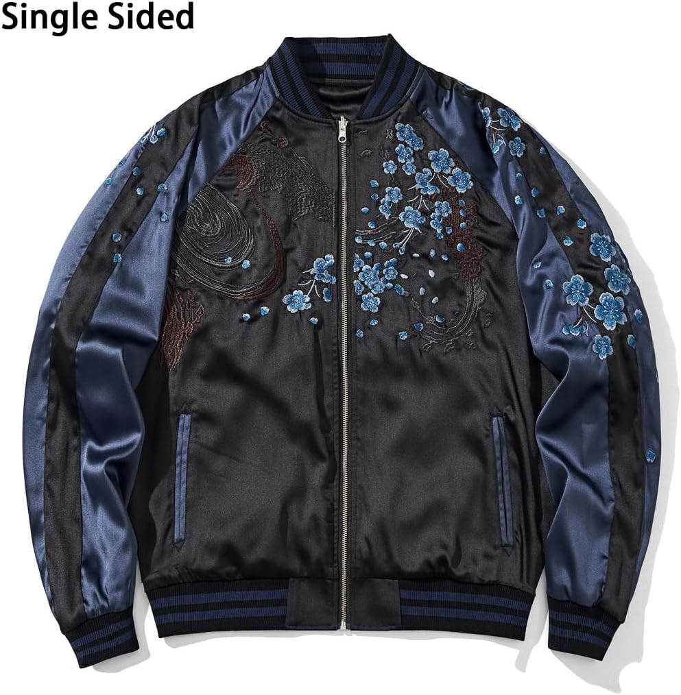 Lion Embroidered Bomber Jacket Japanese Satin Retro Streetwear Spring Fall Windbreaker Coat for Men Women Blue