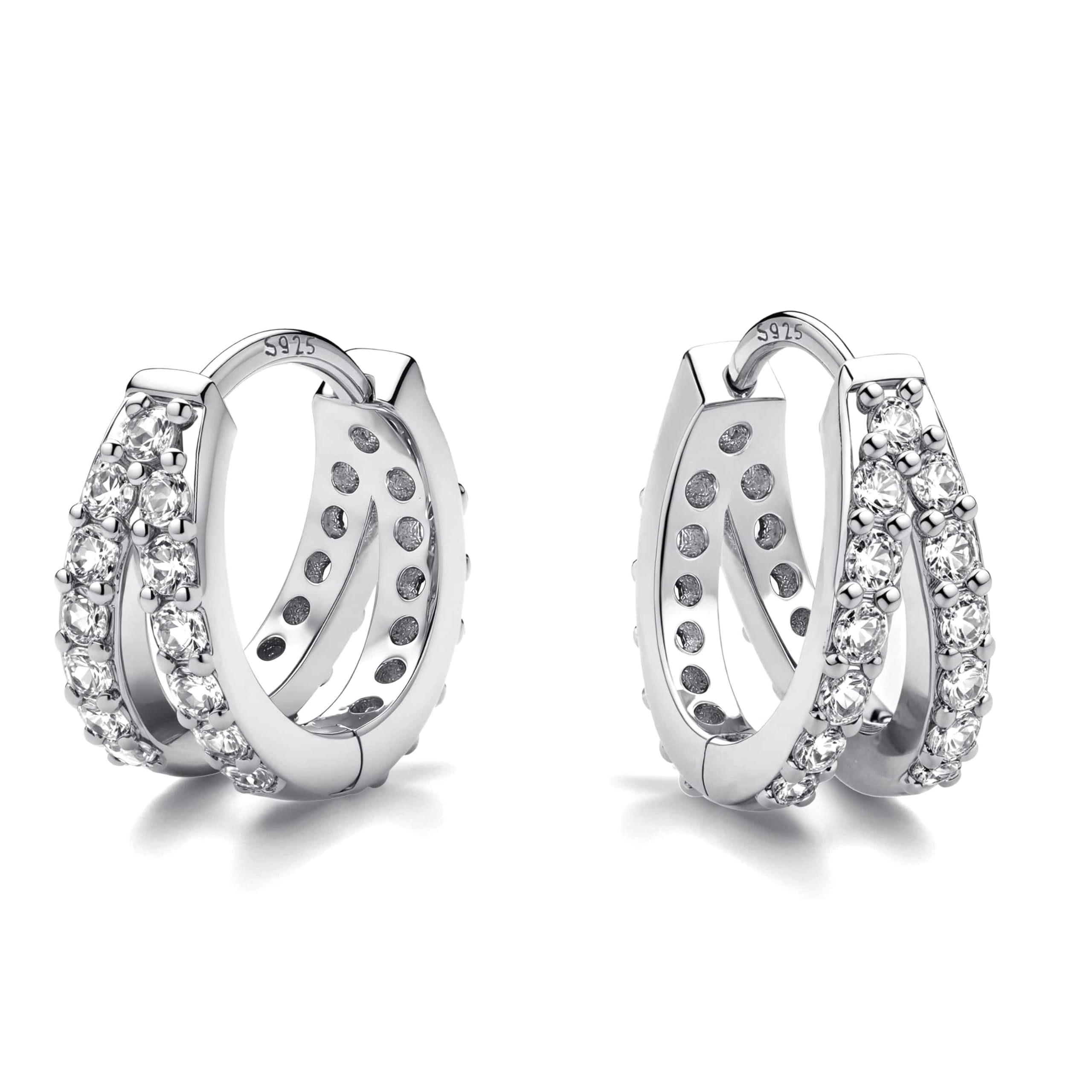 BodyBonita 1 Par Pendientes Aro Mujer, Doble Aros con Poste de Plata de Ley 925 Hipoalergénico, Oro 16K Chapado Aretes de Mujer, Joyería de Piercing Earrings Plata Zirconia Cúbica Tendencia
