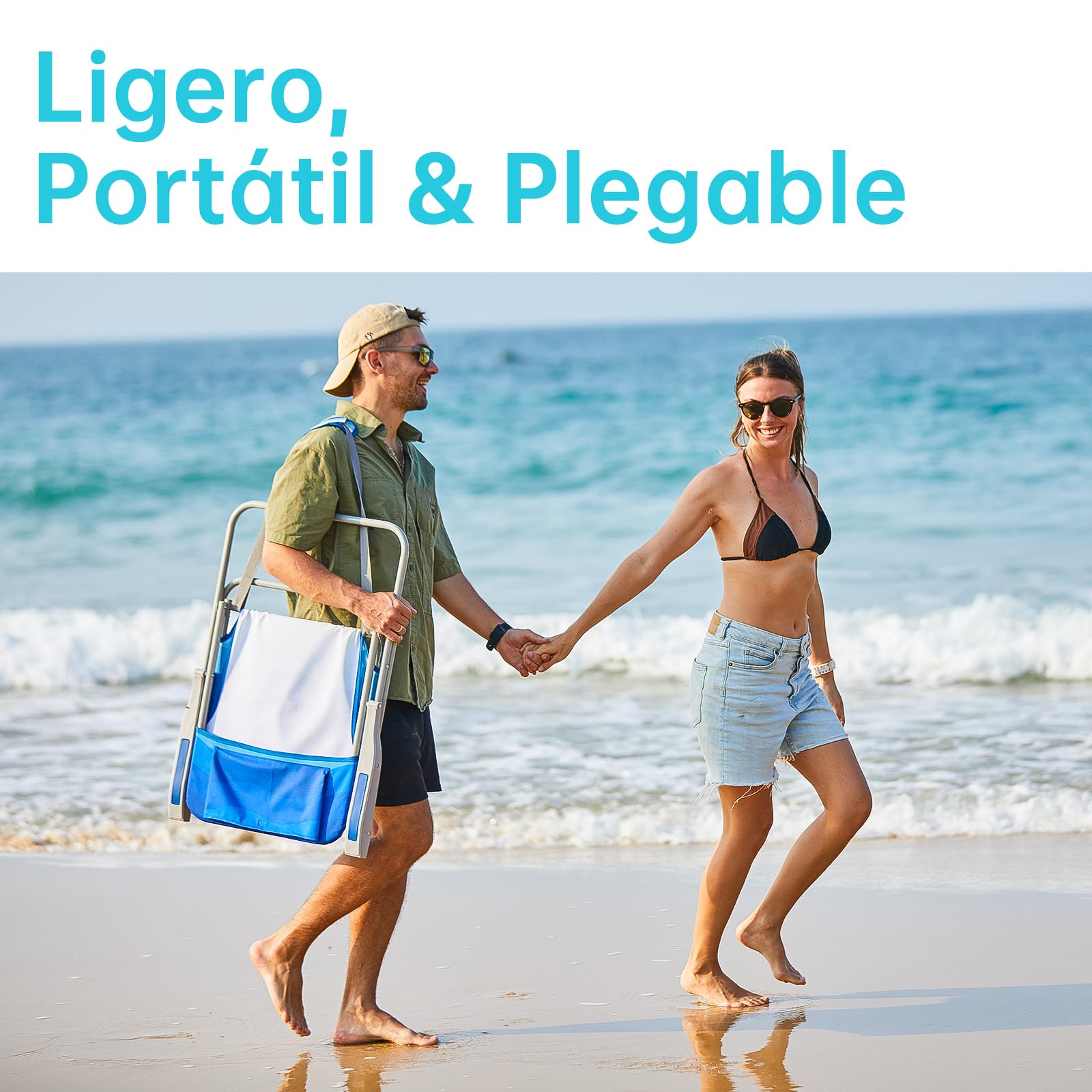 #WEJOY Silla de Playa Plegable con Reposabrazos Sillas de Acampada Camping con Respaldo Alto Silla Camping Portátil, Carga Máxima 136 kg, Silla para Exterior Jardín Playa 1/2 Piezas