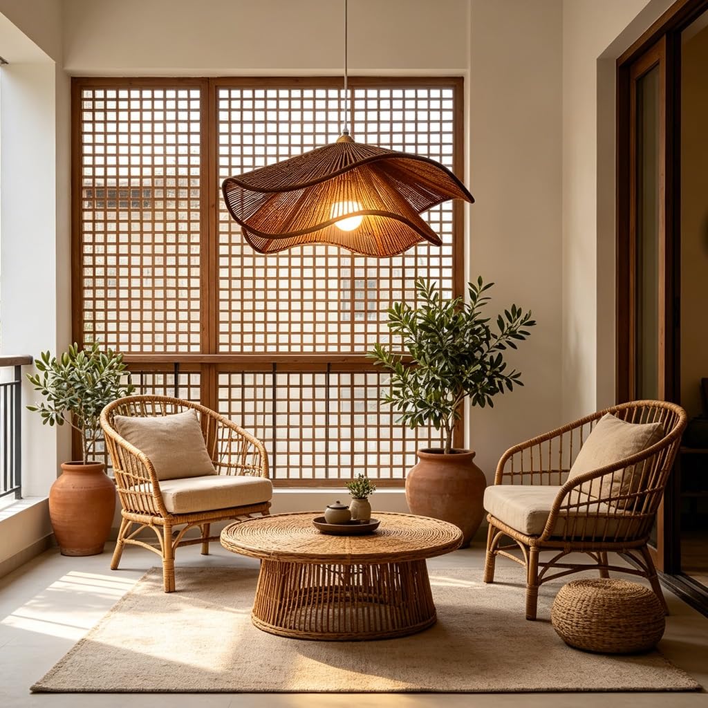Handgewebte Rattan Pendelleuchte In Wellenform Boho Wabi Sabi Stil Höhenverstellbare Deckenlampe Aus Naturmaterial Für Wohnzimmer Esszimmer Schlafzimmer Küche Café Bauernhaus