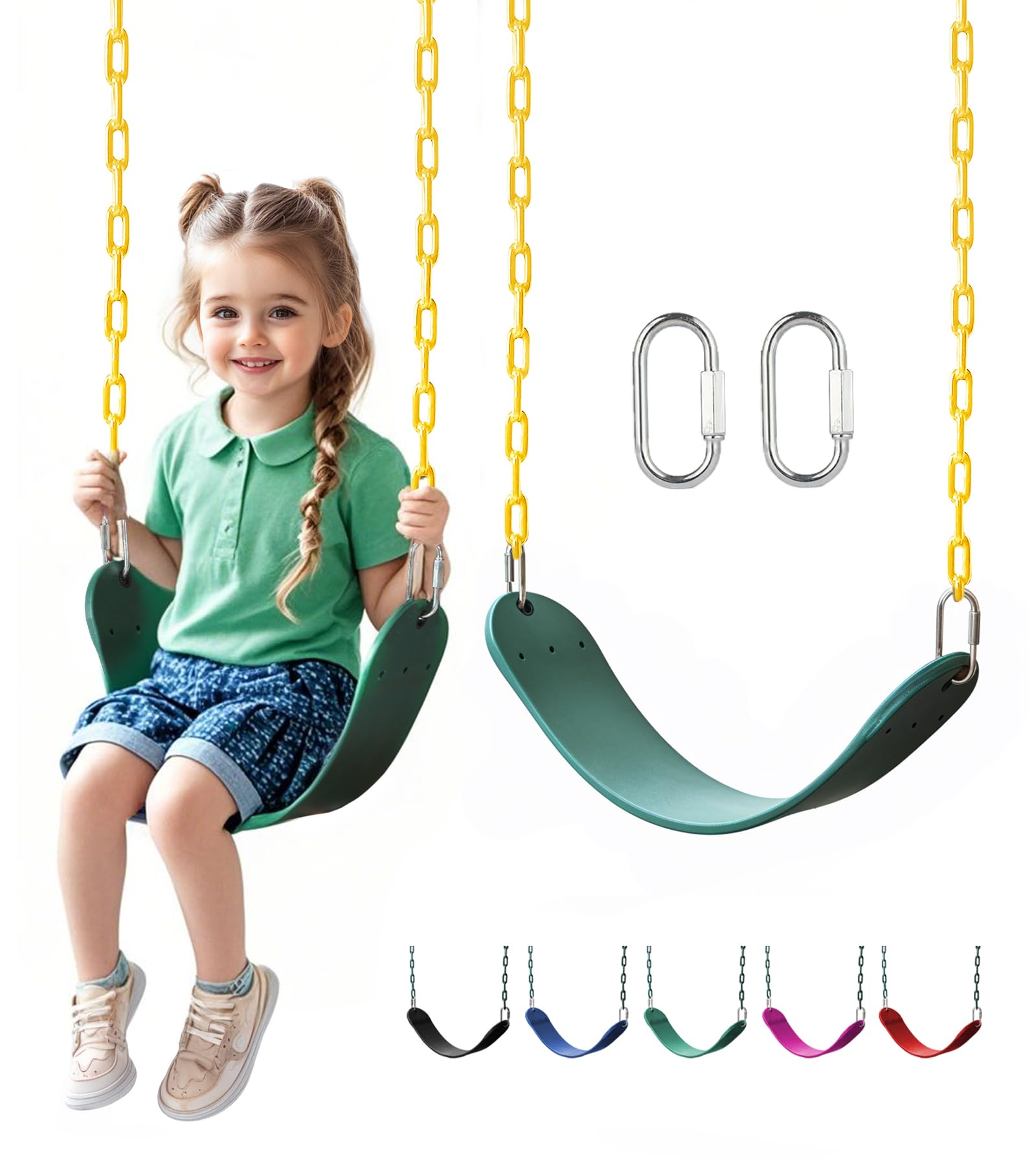 Heavy Duty Swing Seat, 66" Rust-Resistant Chains with 30" PPC-Coated Section, Swing Set Accessories Replacement with Quick Links, Kids Swings Supports 330 lbs for Outdoor Playground, Green