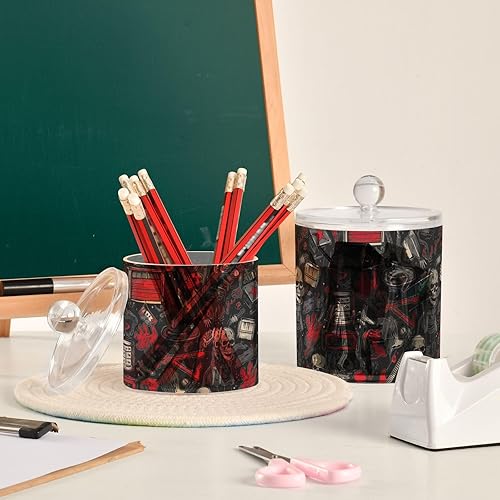 Miniatura 6 de Paquete de 2 dispensadores de soporte Qtip con tapas, contenedores de almacenamiento de plástico con calavera de guitarra Rock and Roll, organizador