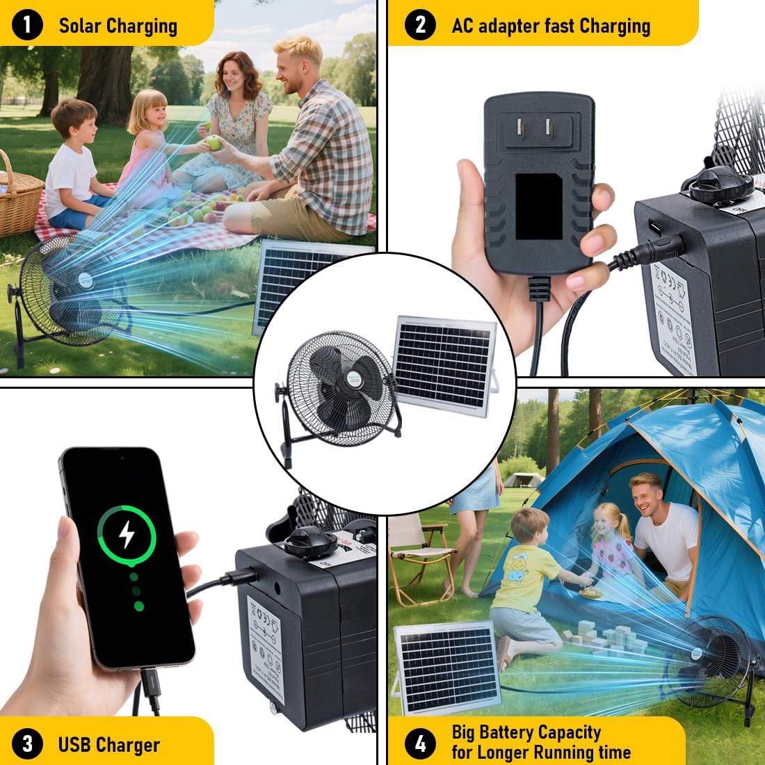 12 Inch Floor Fan with Battery, Solar Panel 15W & AC Charging 3 Speed High Velocity Fan, Long Battery Life, for Bedroom, Office, Workshops & Outdoor, with LED Light, 180°rotation - Black