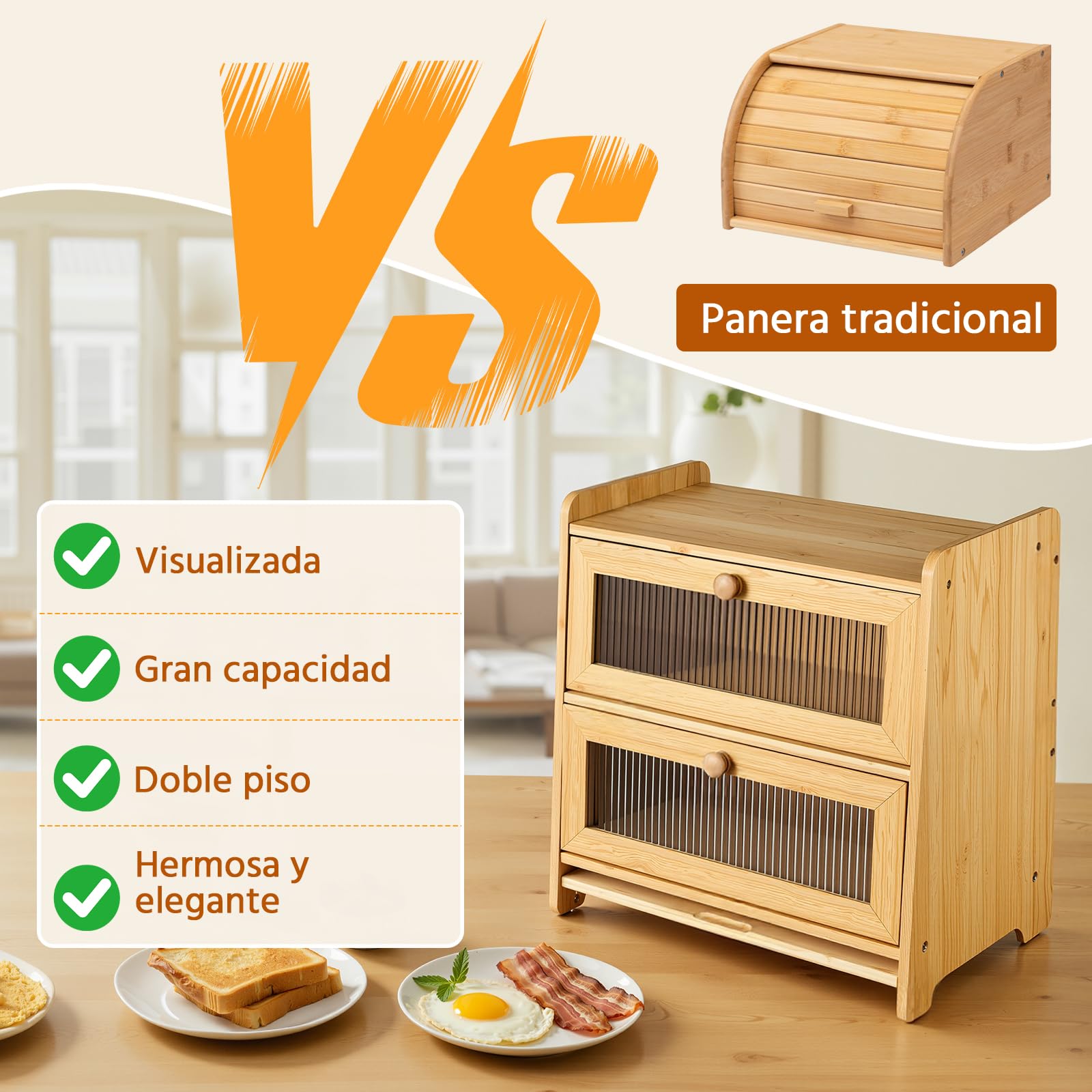 HAUSPROFI Panera de bambú de 2 niveles, panera de madera con tabla de cortar, ventilación ondulada, ventana visible, elegante caja de pan de cocina para guardar pan, 40 x 25 x 40 cm, grande