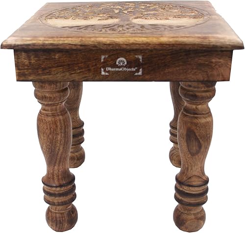 Miniatura 3 de DharmaObjects Mesa de meditación de altar del santuario de Puja tallada a mano de madera maciza de mango (árbol de la vida 1)
