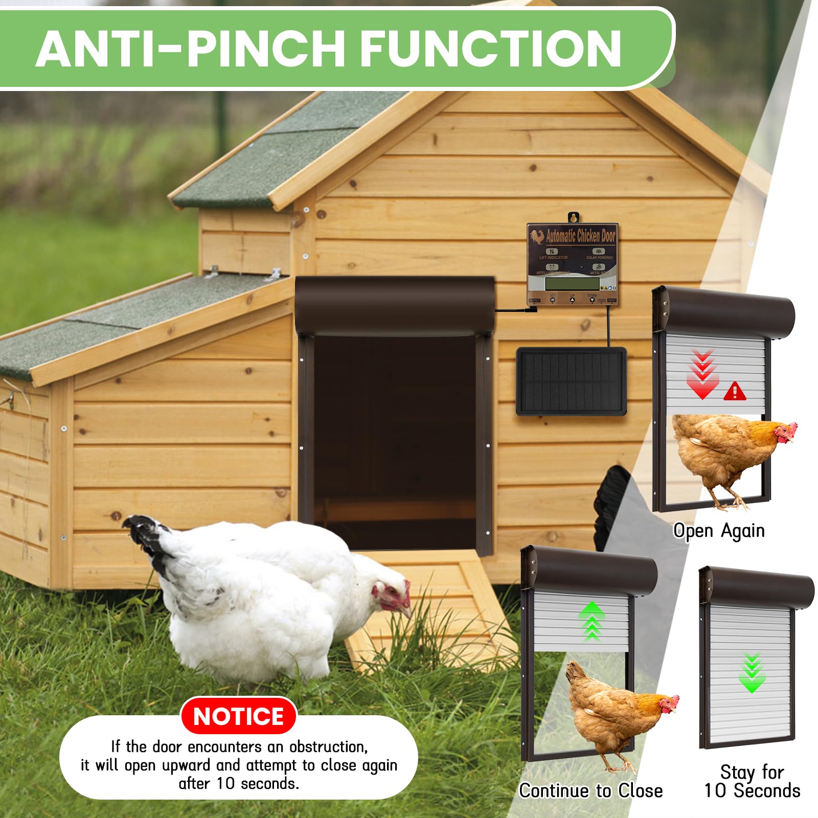 Batería automática de gallina, Puerta de Pollo eléctrica automática | con temporizador, panel solar, mando a distancia, manual, protección inteligente contra pellizcos