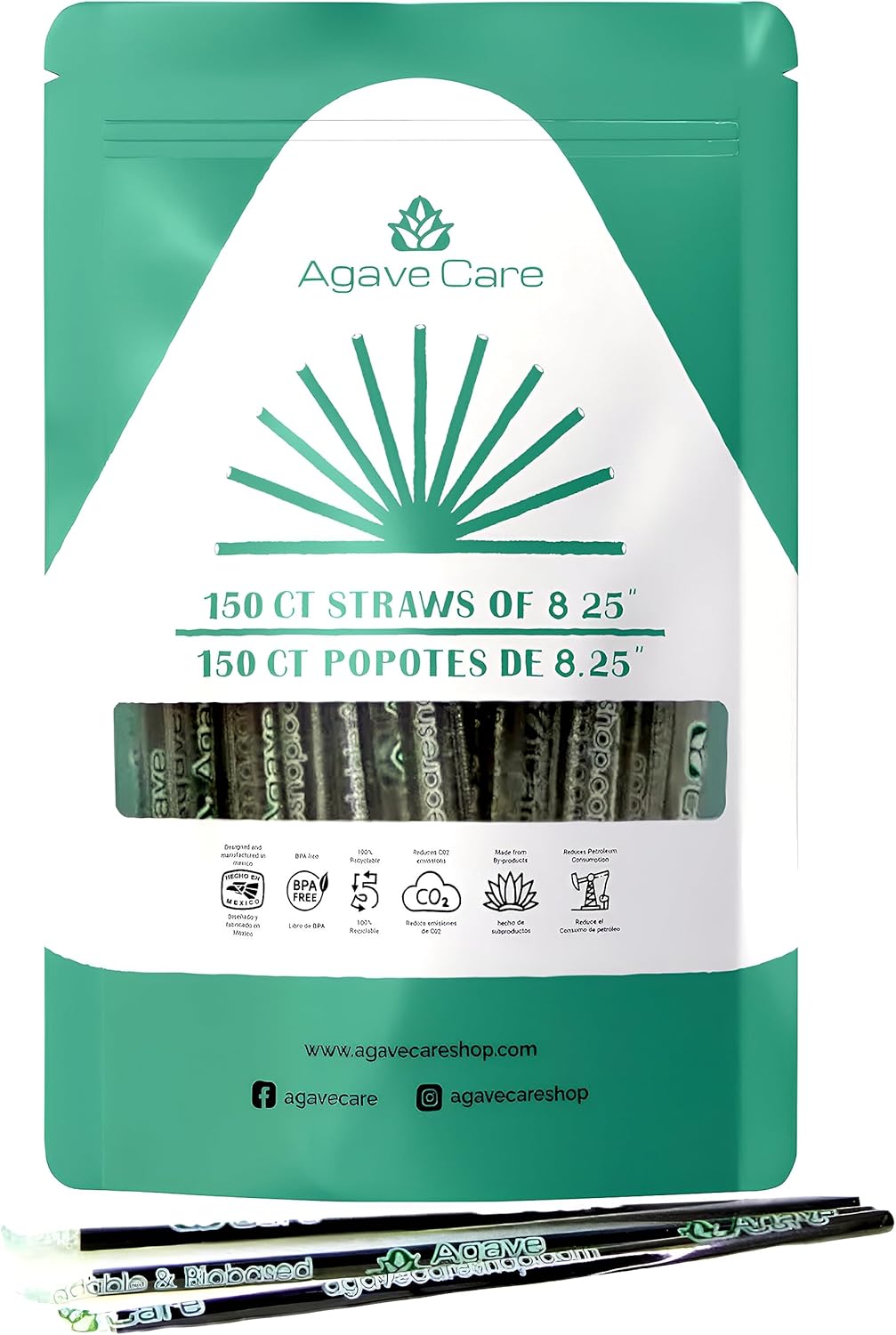 Agave Care 150 Pack 8.25" Biodegradable Wrapped Straws Made