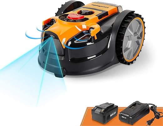 LawnMaster OcuMow™ VBRM16 Robot tagliaerba senza filo perimetrale, taglia superfici di prato da 100 a 150 m² con una batteria completamente carica, Evita gli ostacoli, basso livello rumore