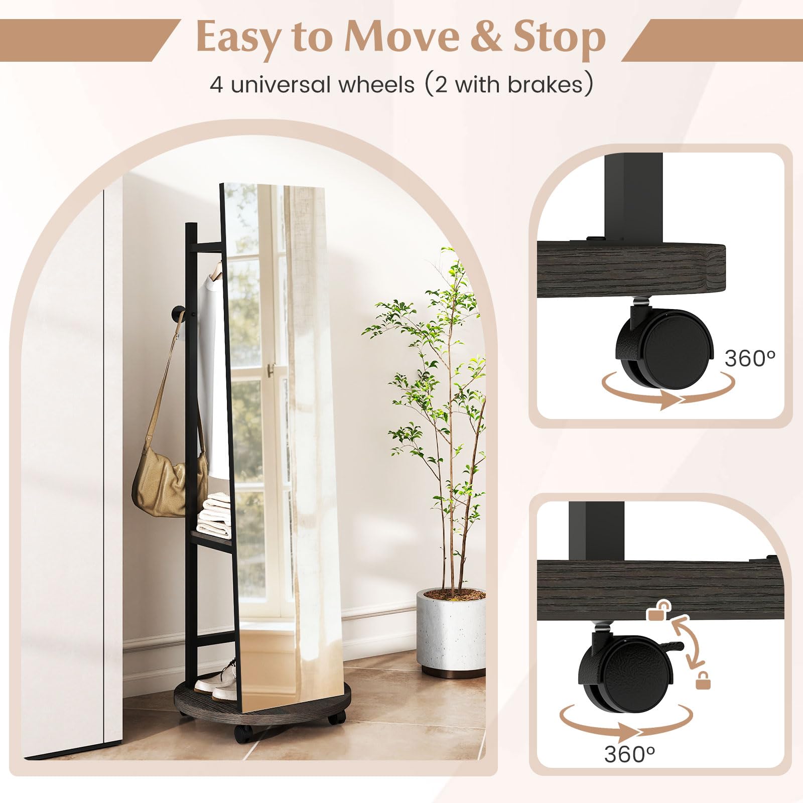 GIANTEX Specchio a figura intera, specchio da terra con appendiabiti, 45 x 135 cm, grande specchio con vetro infrangibile, ganci, ripiani, ruote, per ingresso, soggiorno, camera da letto (nero+noce)