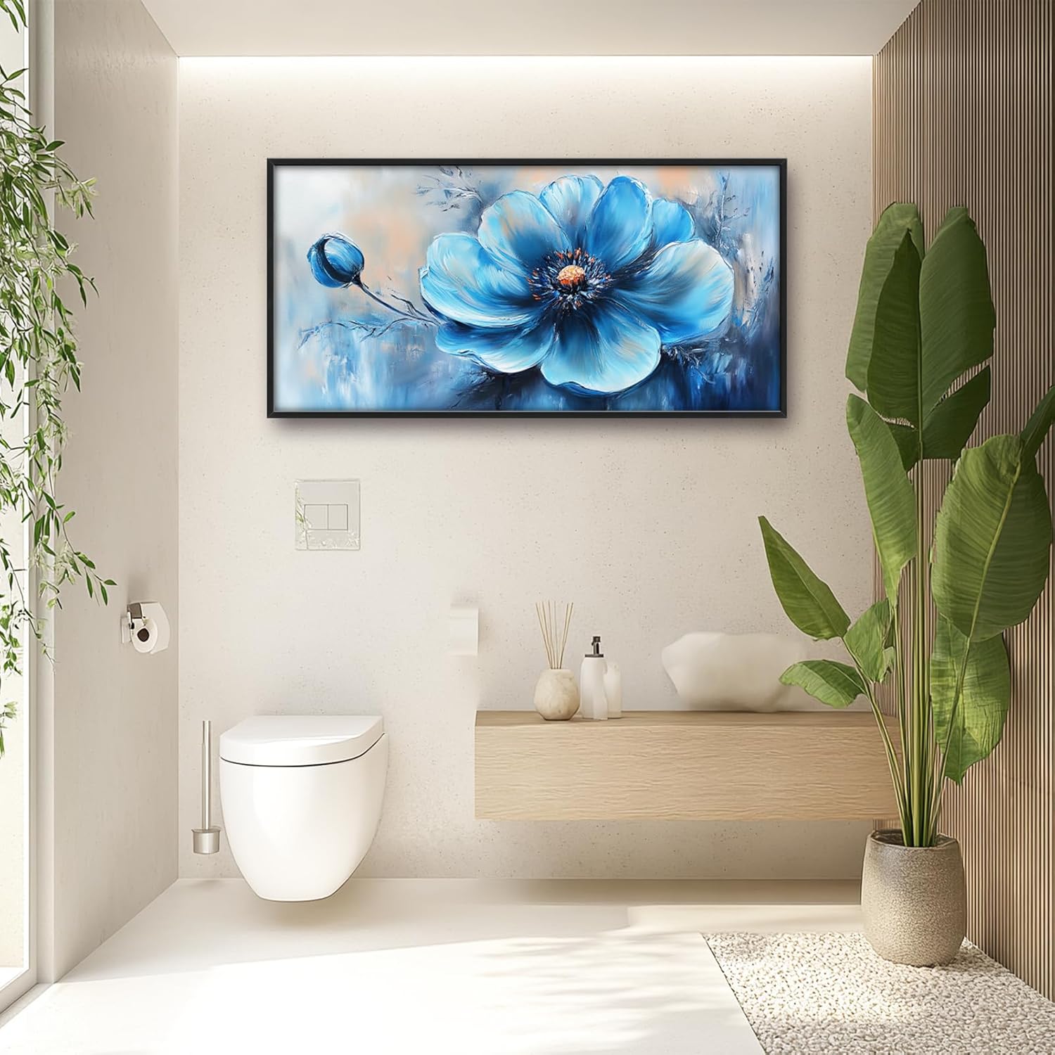 Extra Large Abstract Blue Flower Framed Wall Art for Living Room,Oversized Elegant Floral Pictures Wall Decor,Canvas Print Painting Modern Artwork Bedroom Office Bathroom 60L" x 30W" 60L" x 30W" Blue Flower image 7 of 7 B0FCXWLTTX