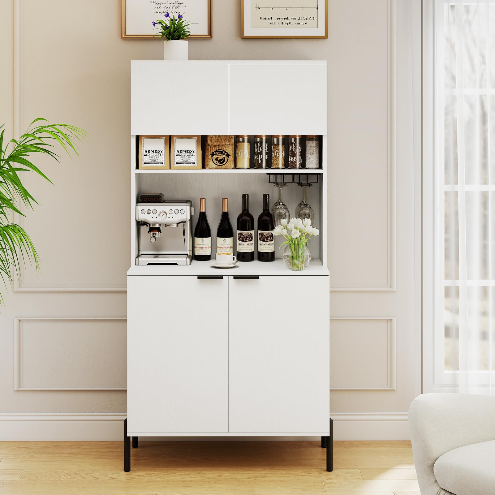 GOPLUS Armario Despensa de Cocina, 164 cm Alacena de Almacenamiento con Enchufes, Botelleros, Puertas y Estantes Ajustables, Aparador Buffet Independiente para Comedor Sala de Estar Cafetería (Blanco)