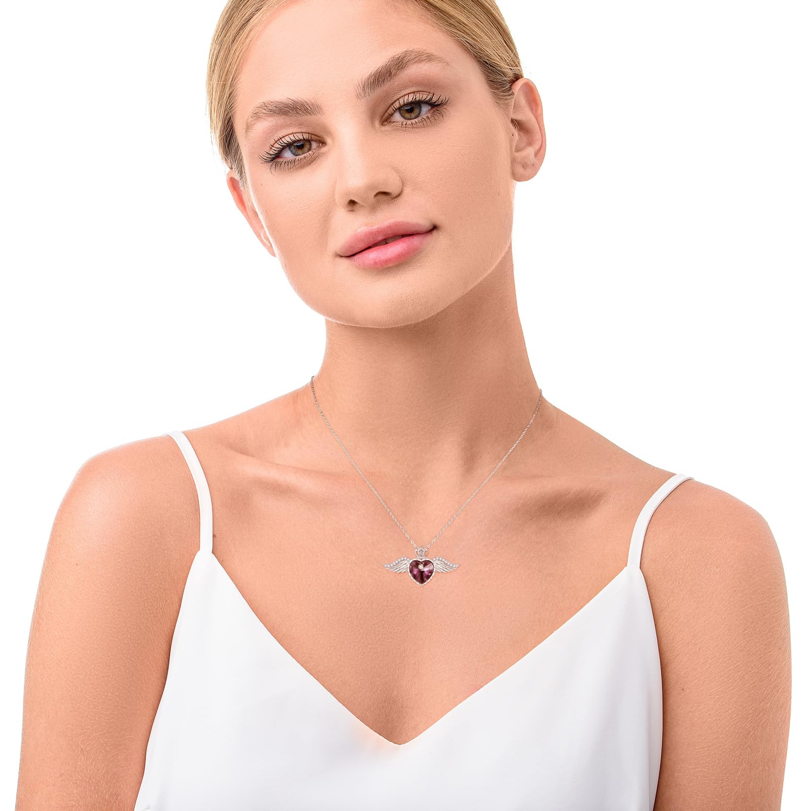 TANGPOET Engelsflügel Halskette 925 Sterling Silber Liebe Herz Kristall Kette Königin Krone Anhänger Geburtsstein Schmuck Geschenk für Frauen Mädchen mit Geschenkbox