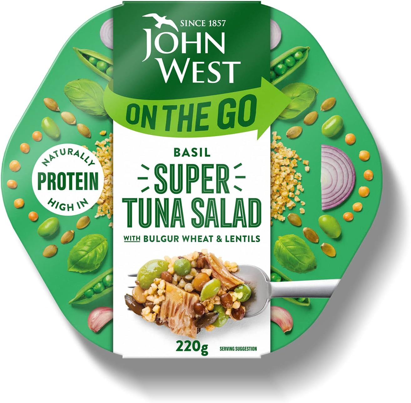 John West On The Go Basil Super Tuna Salad 220 g. Naturally high in Protein. Low in Saturated Fat
