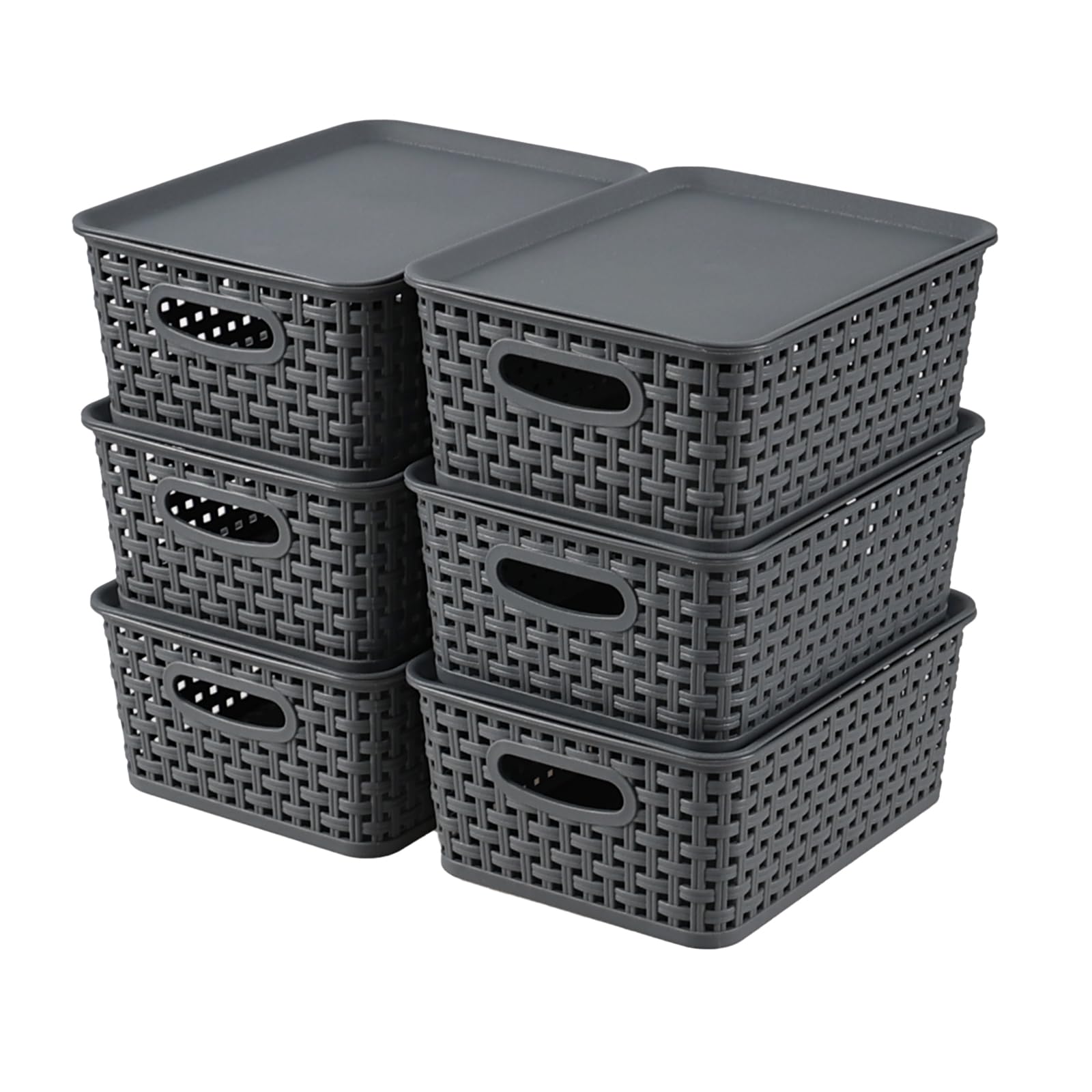 Bringer 6 Pack Woven Storage Basket with Lid, Lidded Storage Bins, Gray