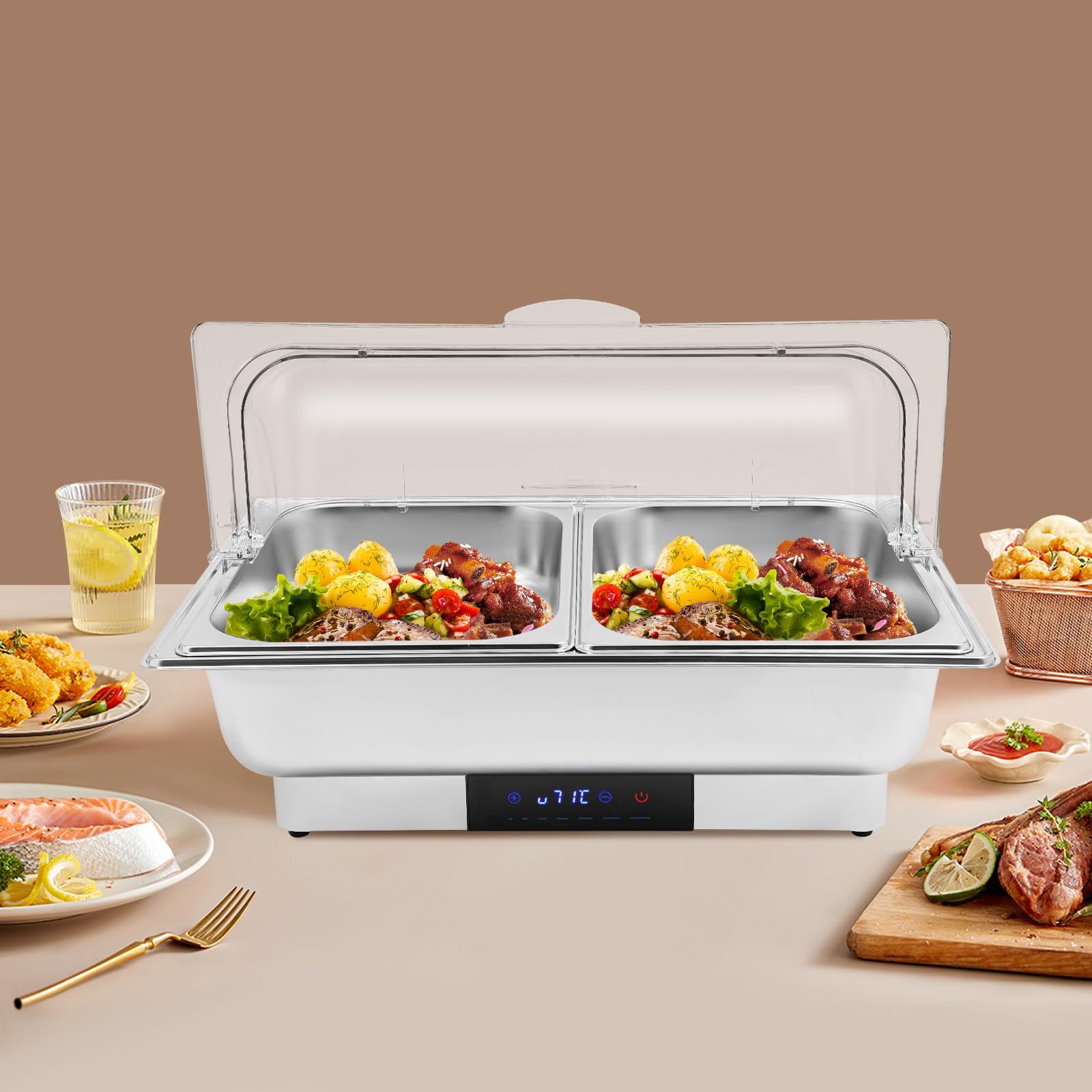 Scaldabagno a buffet, in acciaio inox da 9 l, con 2 padelle per alimenti, riscaldamento elettrico CNC, per catering, buffet e feste di nozze