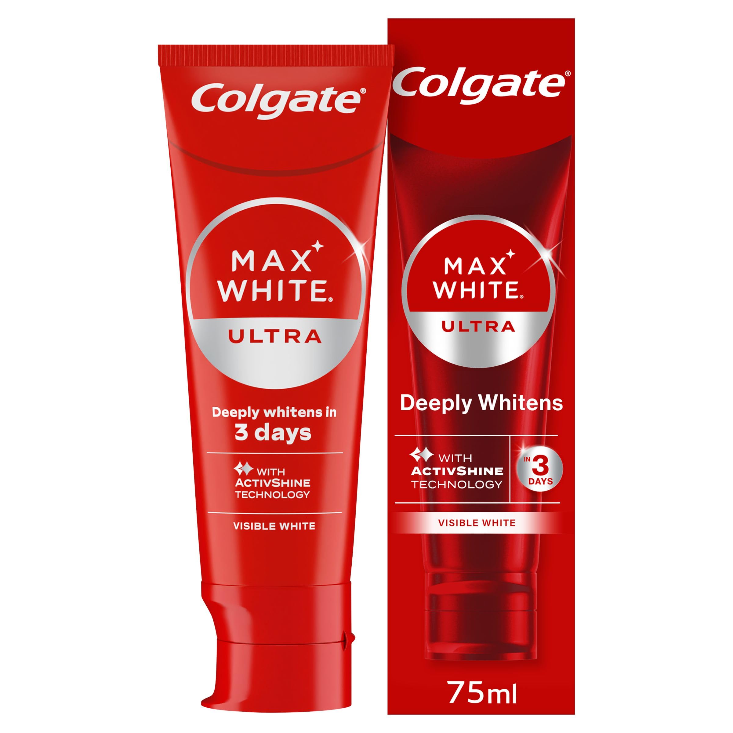 Colgate Max White Ultra Active Foam Whitening Toothpaste 75ml - Deeply whitens in just 3 Days - Removes Deep-Set Stains - Warming Sensation and Rich Foam - Enamel Safe for Daily Use