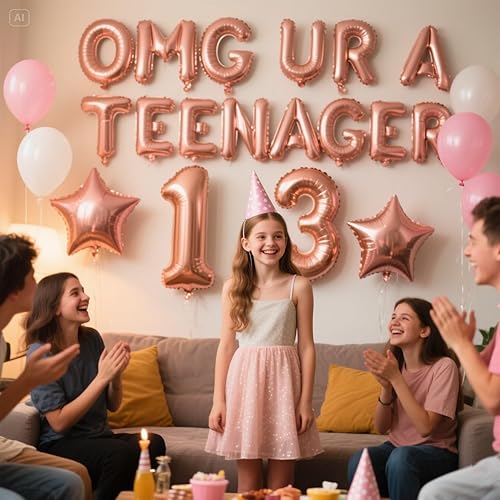 Miniatura 3 de OMG UR A - Globos de cumpleaños número 13 globos de látex con confeti para niñas fiesta de cumpleaños de 13 años cumpleaños de 12 pulgadas oro rosa