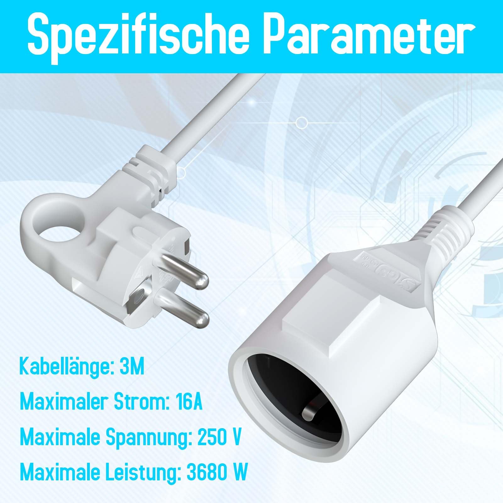 HITRENDS Kabel przedłużający zewnętrzny, z zaczepem oczkowym, wtykiem bezpieczeństwa, 3 m AC Schuko, do gniazd IP44, do domu, biura, na zewnątrz, 3 x 1,5 mm², 250 V/16 A, biały