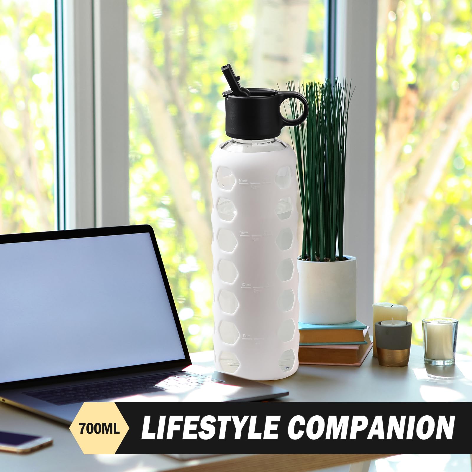 BLUEGO Borracce in vetro, 700ml Bicchiere in vetro, Bottiglie per bere con 2 coperchi, Bottiglia per l'acqua sportiva con custodia in silicone, A prova di perdite, Bianco