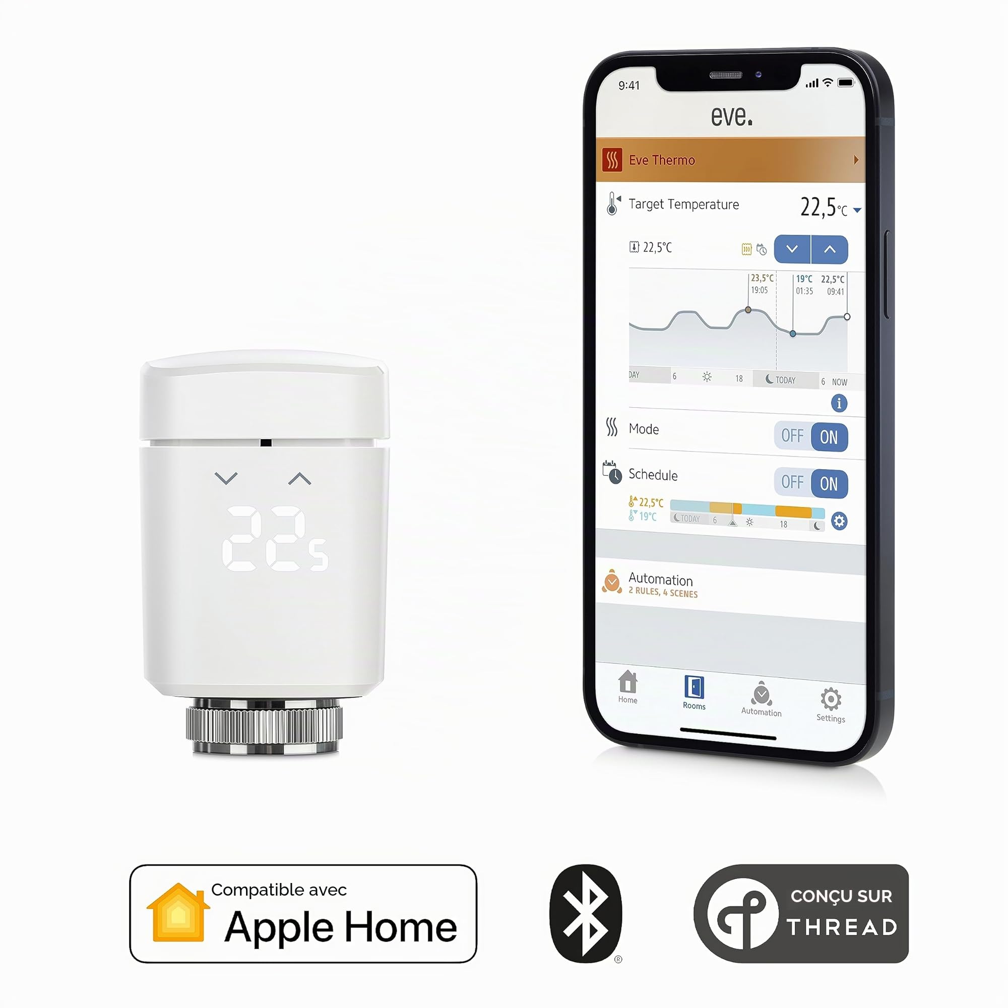 EVE Thermo (Apple Home) - Vanne de radiateur Intelligente avec afficheur LED, contrôle Automatique de la température, sans passerelle, Commandes tactiles intégrées, Bluetooth, Thread