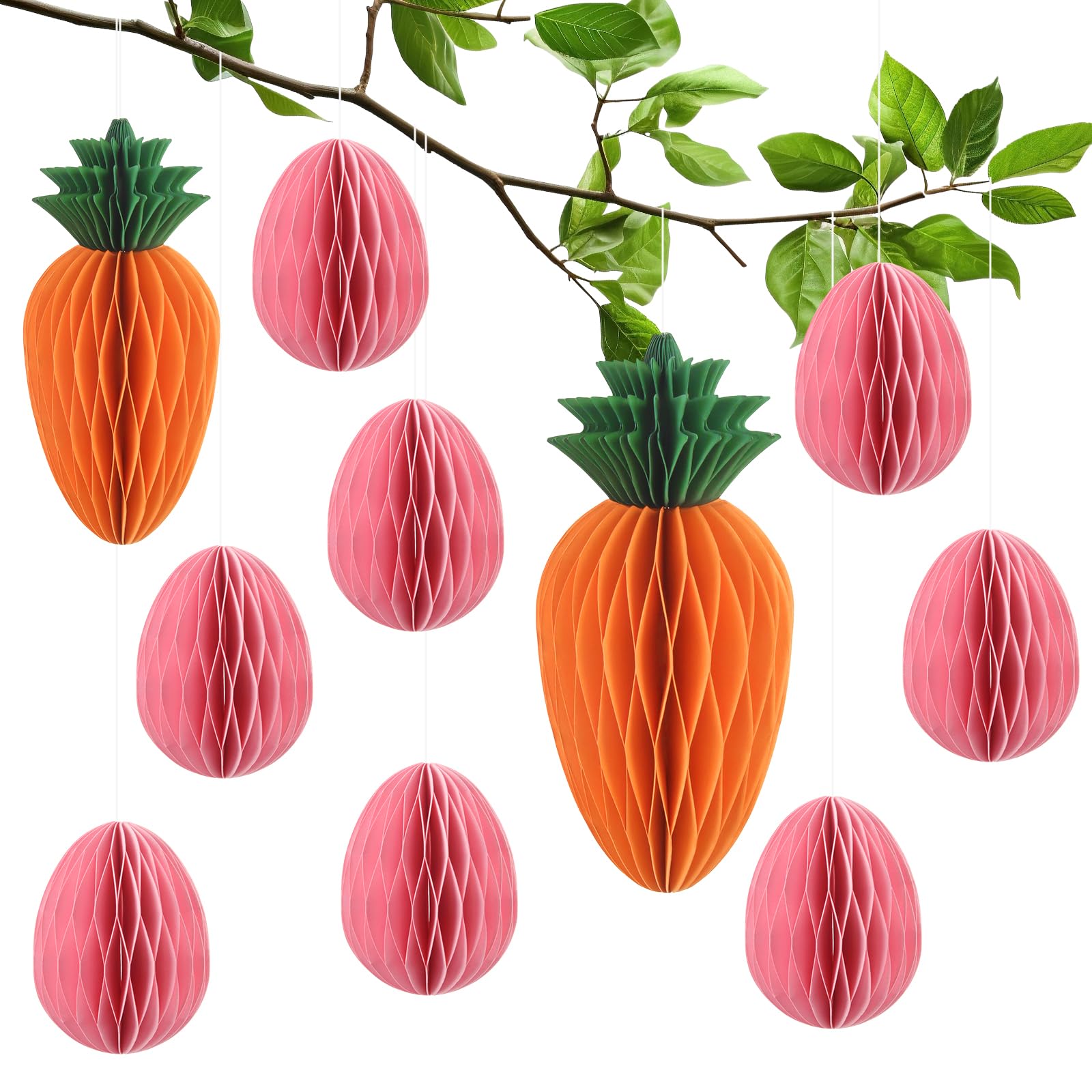 JINXIAN 10 Pack Honeycomb Decorations Easter Tree Have Carrot/Easter Egg Paper Flowers for Crafting Reusable for Birthday Wedding Easter Party Hanging Decorations