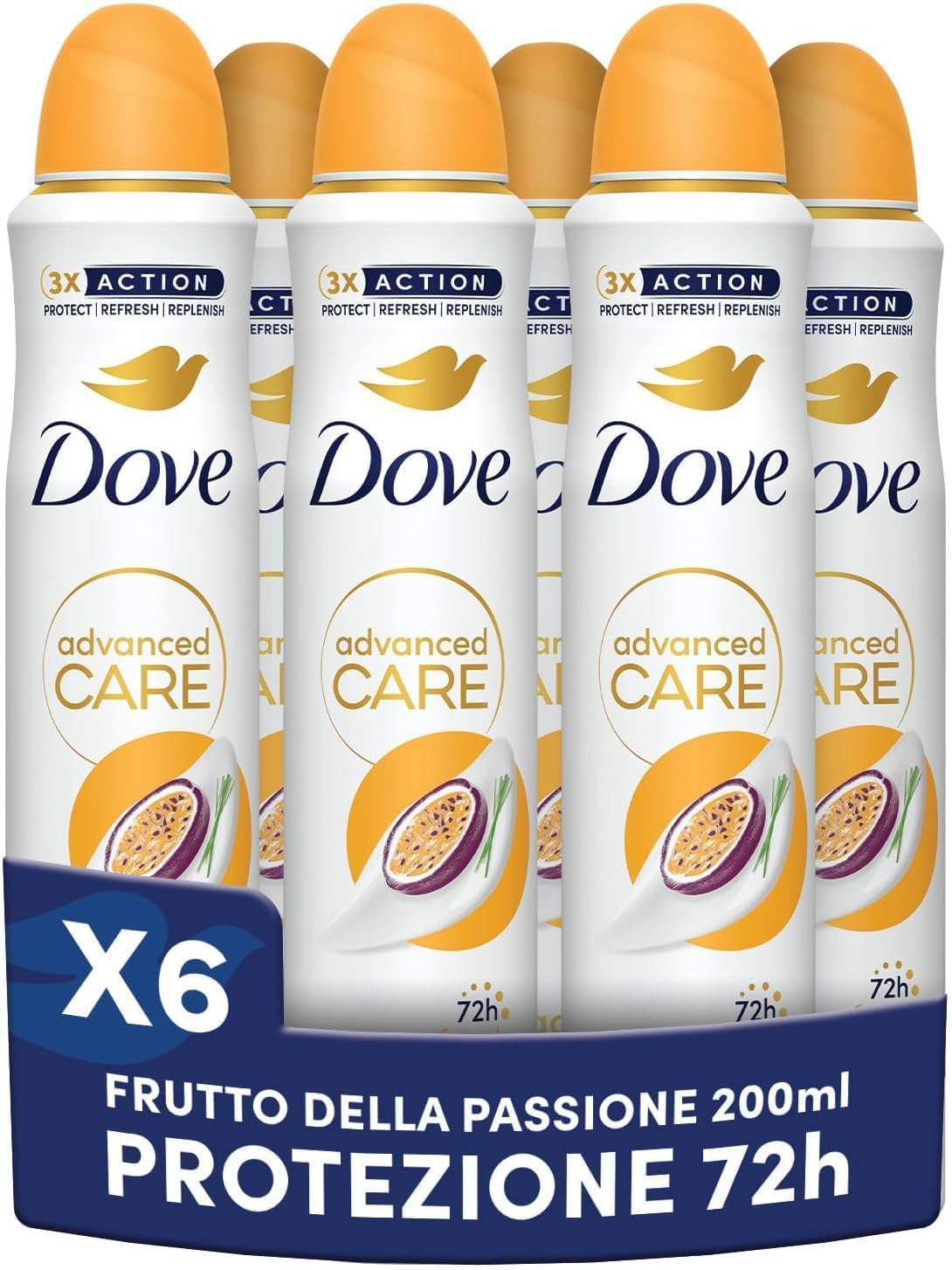 Dove Déodorant Spray Advanced Care Go Fresh Passion Fruit, avec formule hydratante et délicate sur la peau, sans alcool, peau sèche jusqu'à 72 heures, déodorant homme et femme, 6 pièces de 200 ml