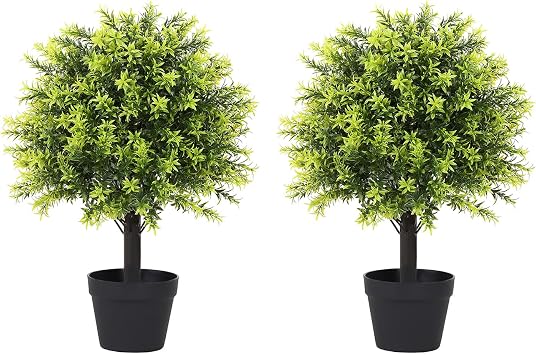 22in Boxwood Topiary Ball Trees Artificial Outdoor Set of 2, UV Resistant Faux Evergreen Plants Outside Greenery, Fake Potted Bushes and Shrubs for Front Porch Patio Planter Decor