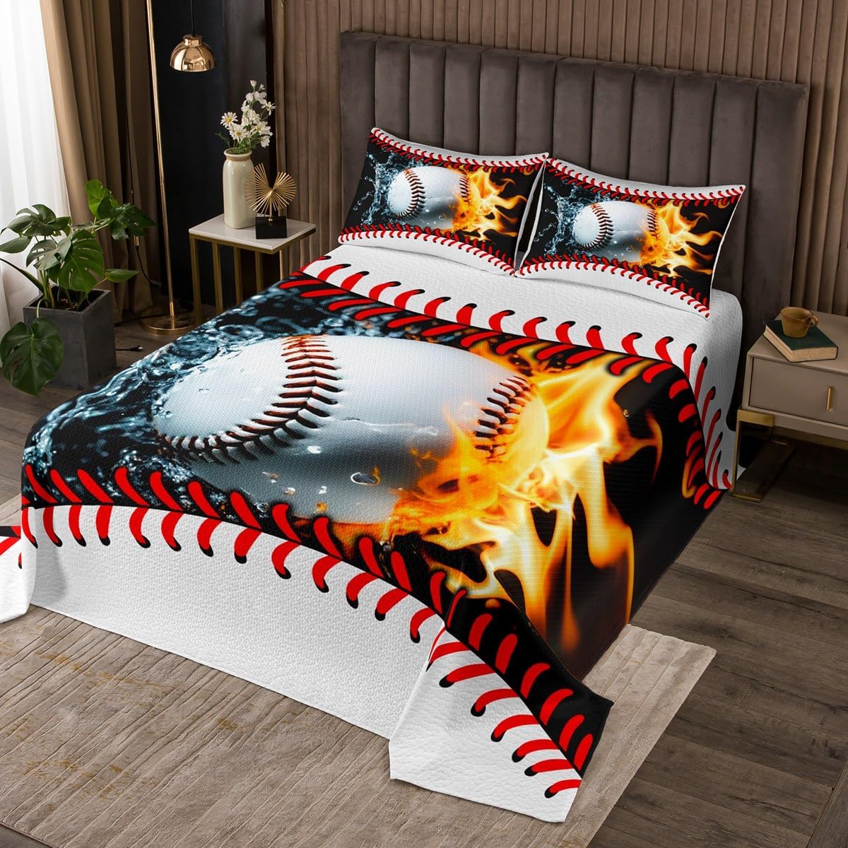 Erosebridal Baseball Bedspread for Teen Boys Kids Baseball Bedding Coverlet Set Queen,Ball Game Sports Quilt Set Red Blue Water Fire Quilted Sports Bedroom Dorm Decor with 2 Pillowcases