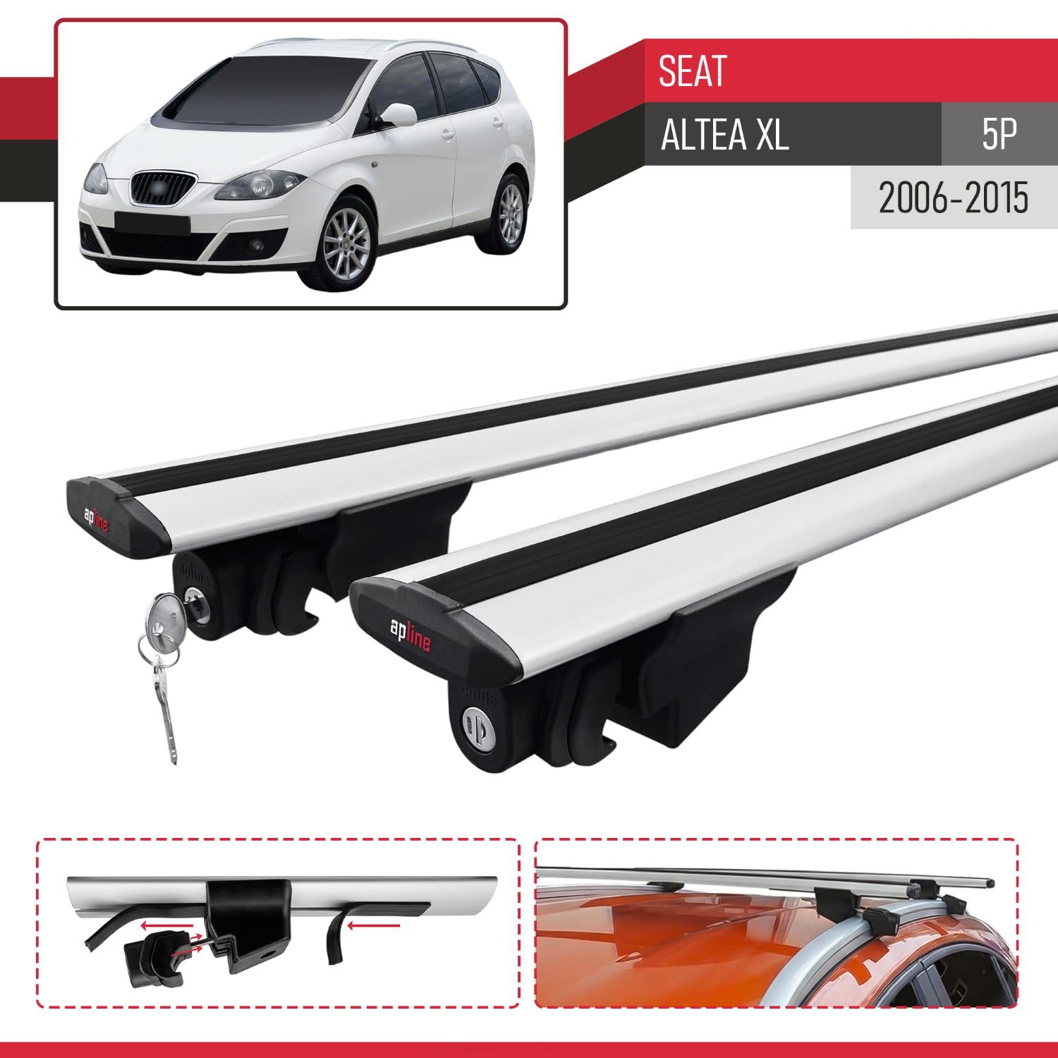 Compatibile con Seat Altea XL (5P) 2006-2015 Modello HOOK Barre Tetto Portapacchi Auto Barre Portatutto Grigio Alluminio 2 Barre