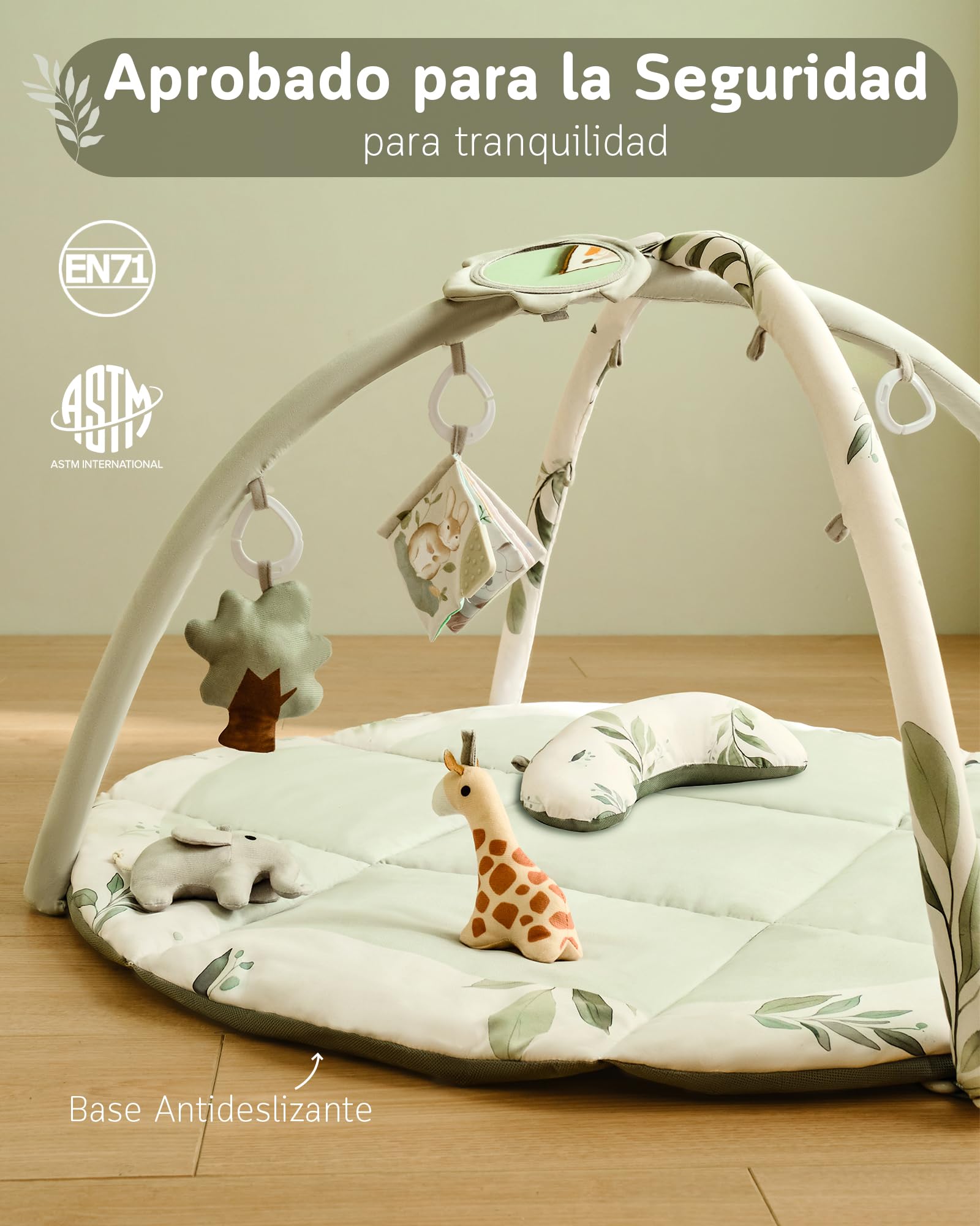 Fortella Gimnasio para Bebé, Tapete de Actividades, Manta de Juegos Plegable con 5 Juguetes Colgantes, Espejo y Almohada -Alfombra Acolchada para el Gateo, Desarrollo Infantil, 0-3-6-12 Meses(Verde)
