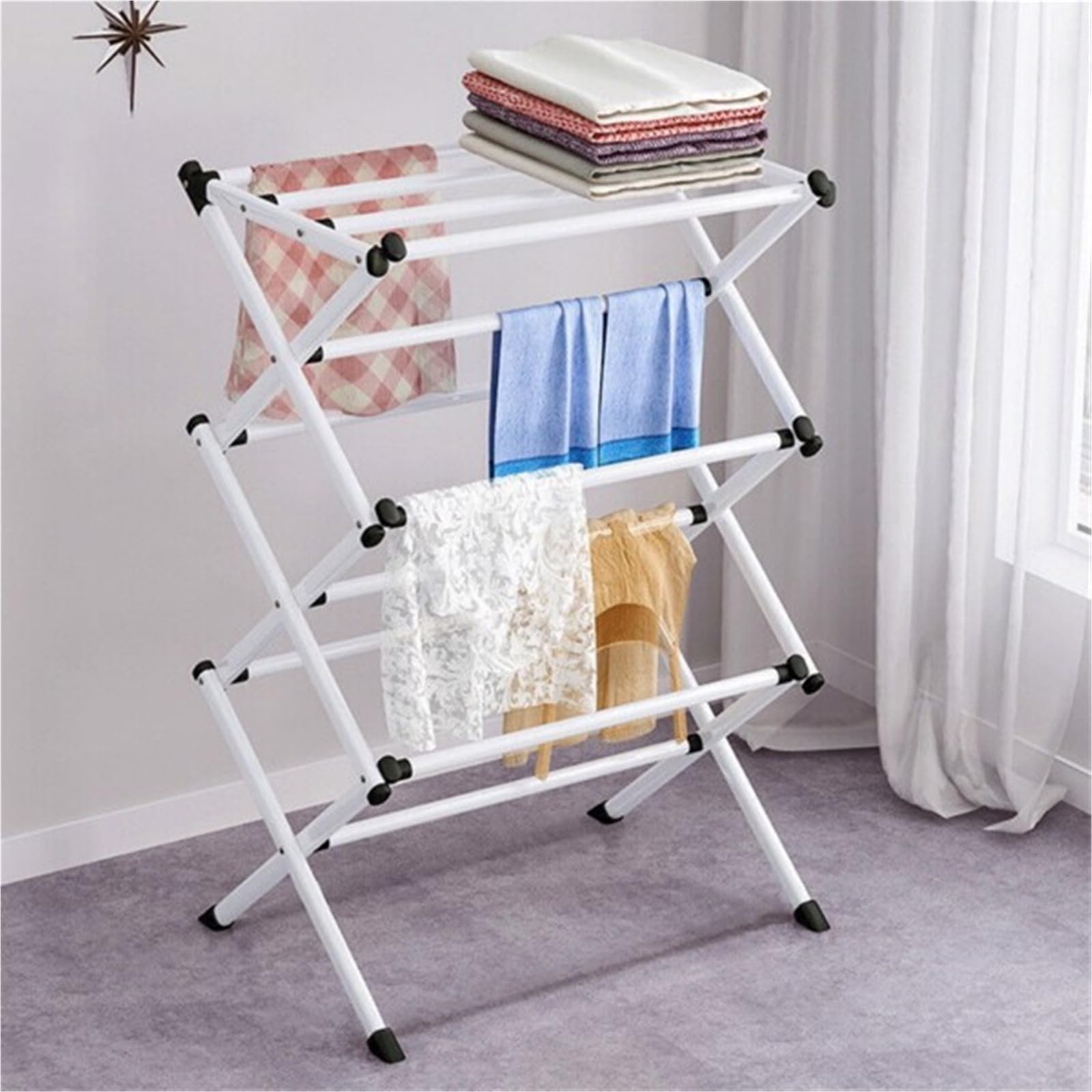 TYNGBT Foldable White Laundry Drying Rack, Portable Collapsible Towel Airer for Indoor Outdoor