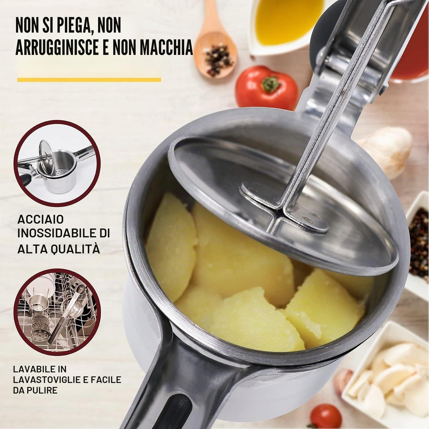 Schiacciapatate Manuale, Pressa Manuale per Patate in Acciaio Inox con 3 Colini Sostituibili per Purè di Patate, Frutta, Verdure, bébé