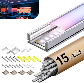 LED Profil 2m×15pc Aluminium U-Form mit Milchig Weißer Abdeckung Kanal Diffusor Alu Profil LED leisten Schienen kanalleiste Aluprofil Streifen Profile lichtkanal led strip aluschiene unterputzprofil