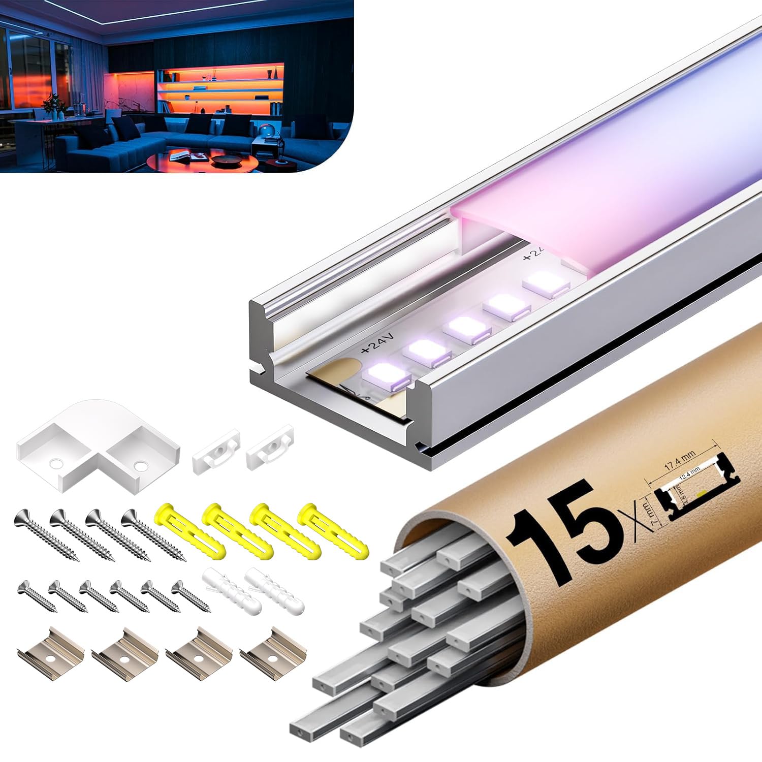 LED Profil 2m×15pc Aluminium U-Form mit Milchig Weißer Abdeckung Kanal Diffusor Alu Profil LED leisten Schienen kanalleiste Aluprofil Streifen Profile lichtkanal led strip aluschiene unterputzprofil