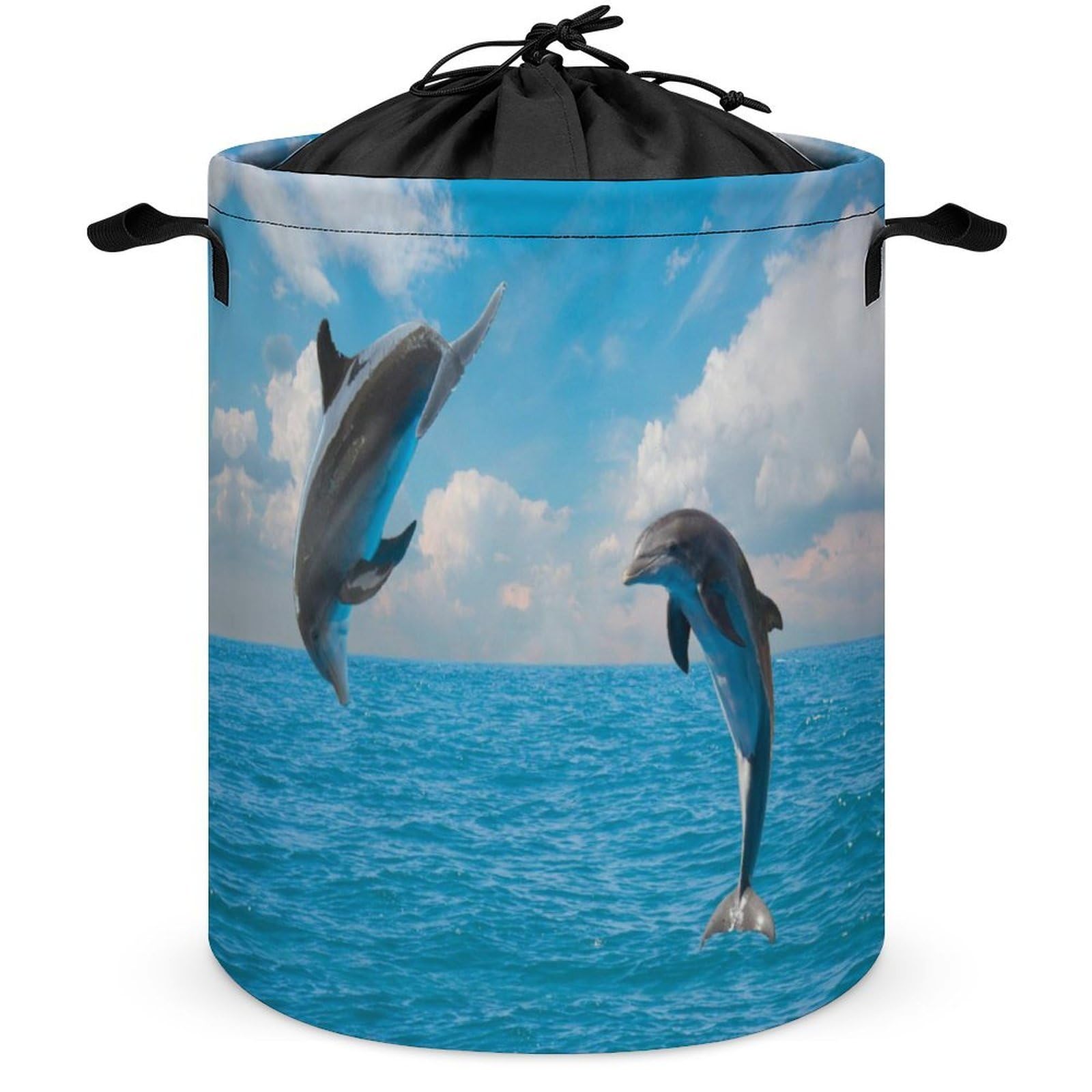 Qjjinxior Drawstring Laundry Hamper, Two Dolphin Laundry Basket, Washing Basket with Handle