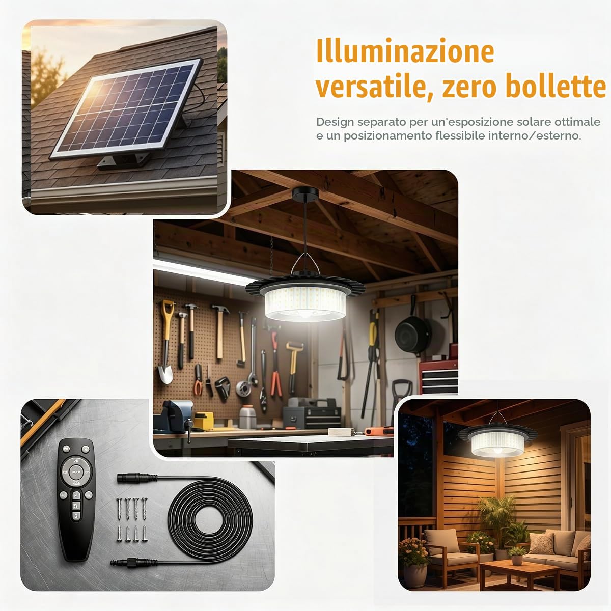 Lampade solari interne per capannoni, lampada solare con sensore di movimento a 4 modalità luminose, lampada sospesa solare per esterni impermeabile con telecomando, ideale per capannoni, gazebo
