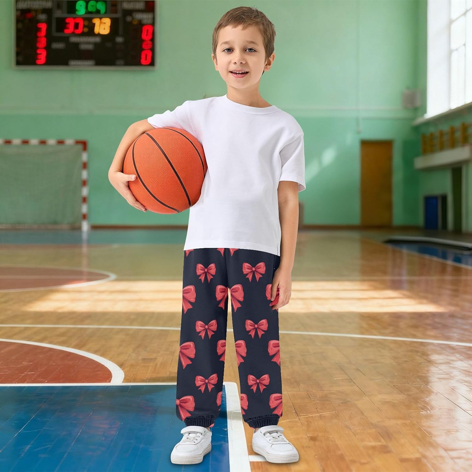 Boy Sweatpants Bow Tie Red Joggers Casual Athletic Pants Kids Elastic Waist Cuffed with Pockets